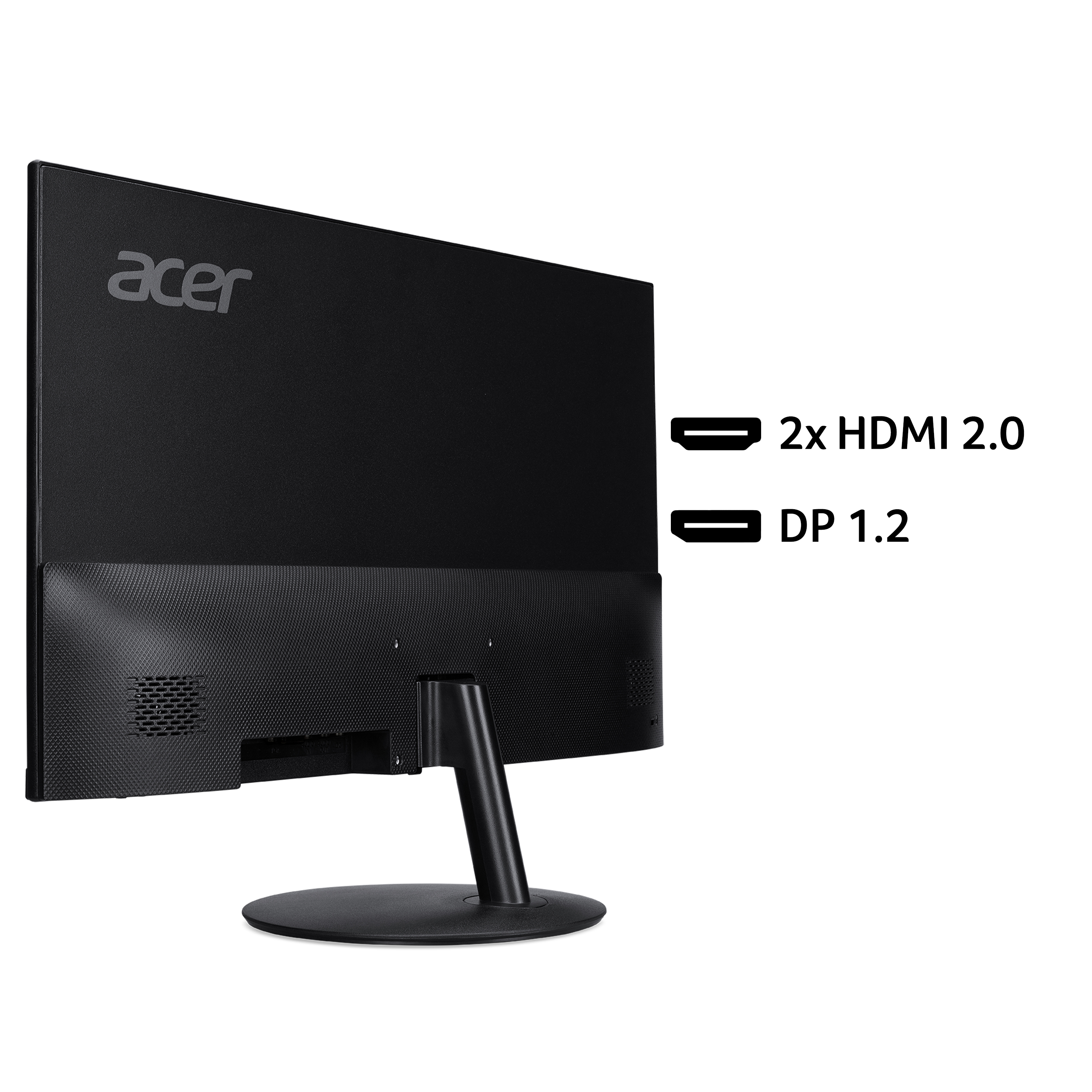 Retro di un monitor Acer nero. Porte: 2xHDMI 2.0, DP 1.2. Supporto nero.