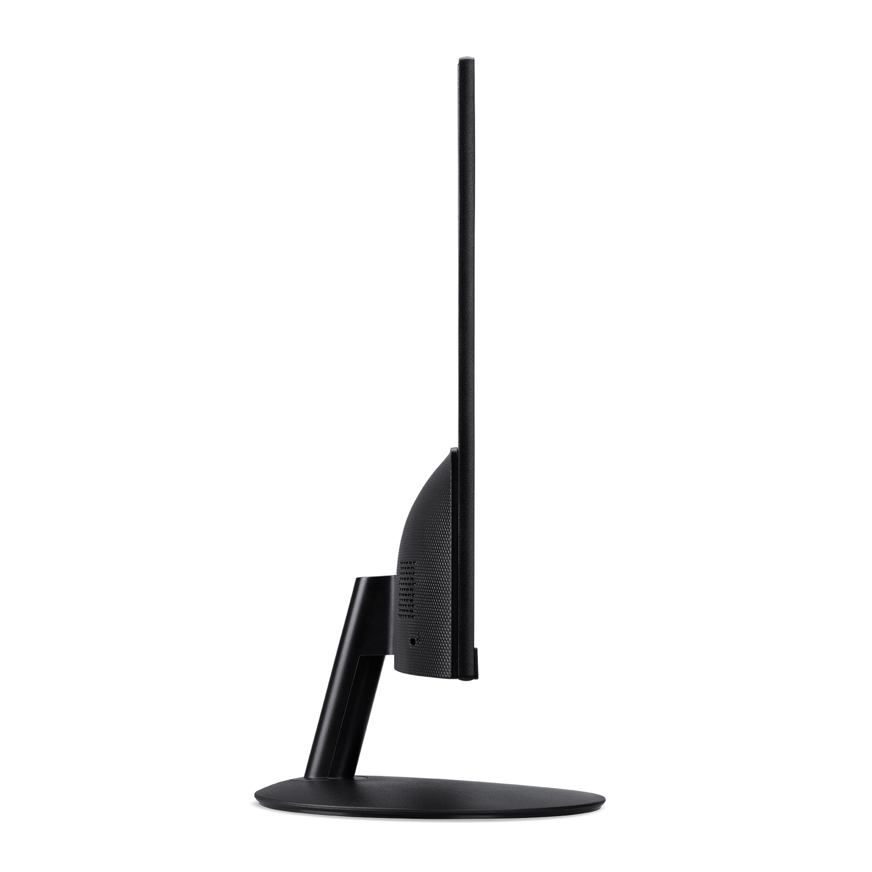 Un monitor nero di lato. Lo schermo, il supporto e la base sono neri.