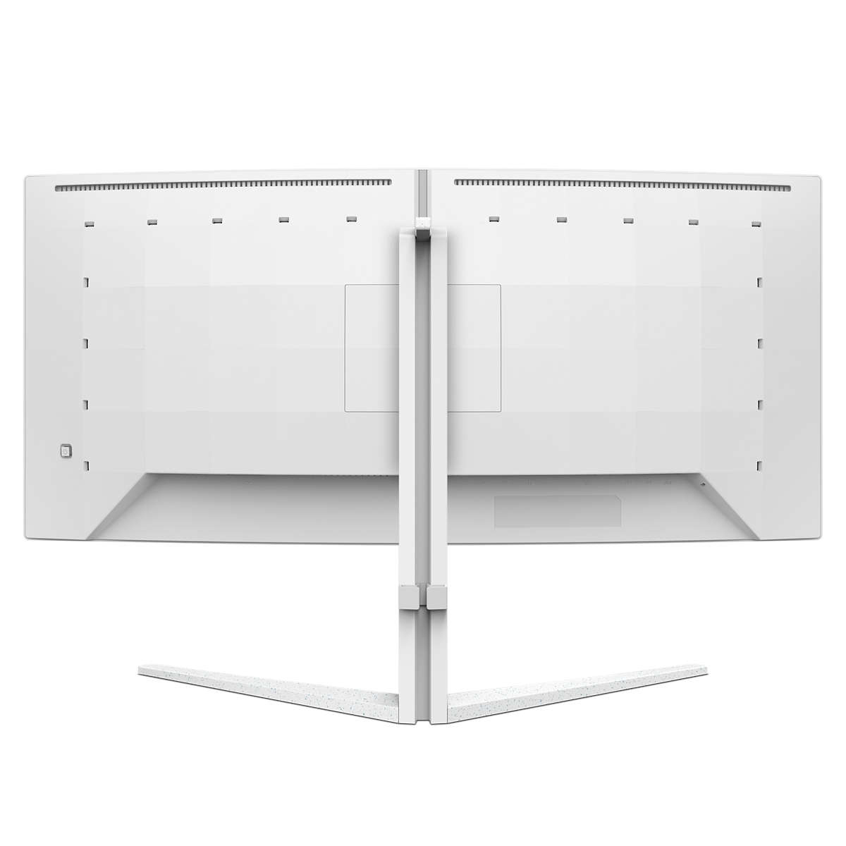 Tył białego monitora. Stojak ma kształt litery V. Tył ma porty.