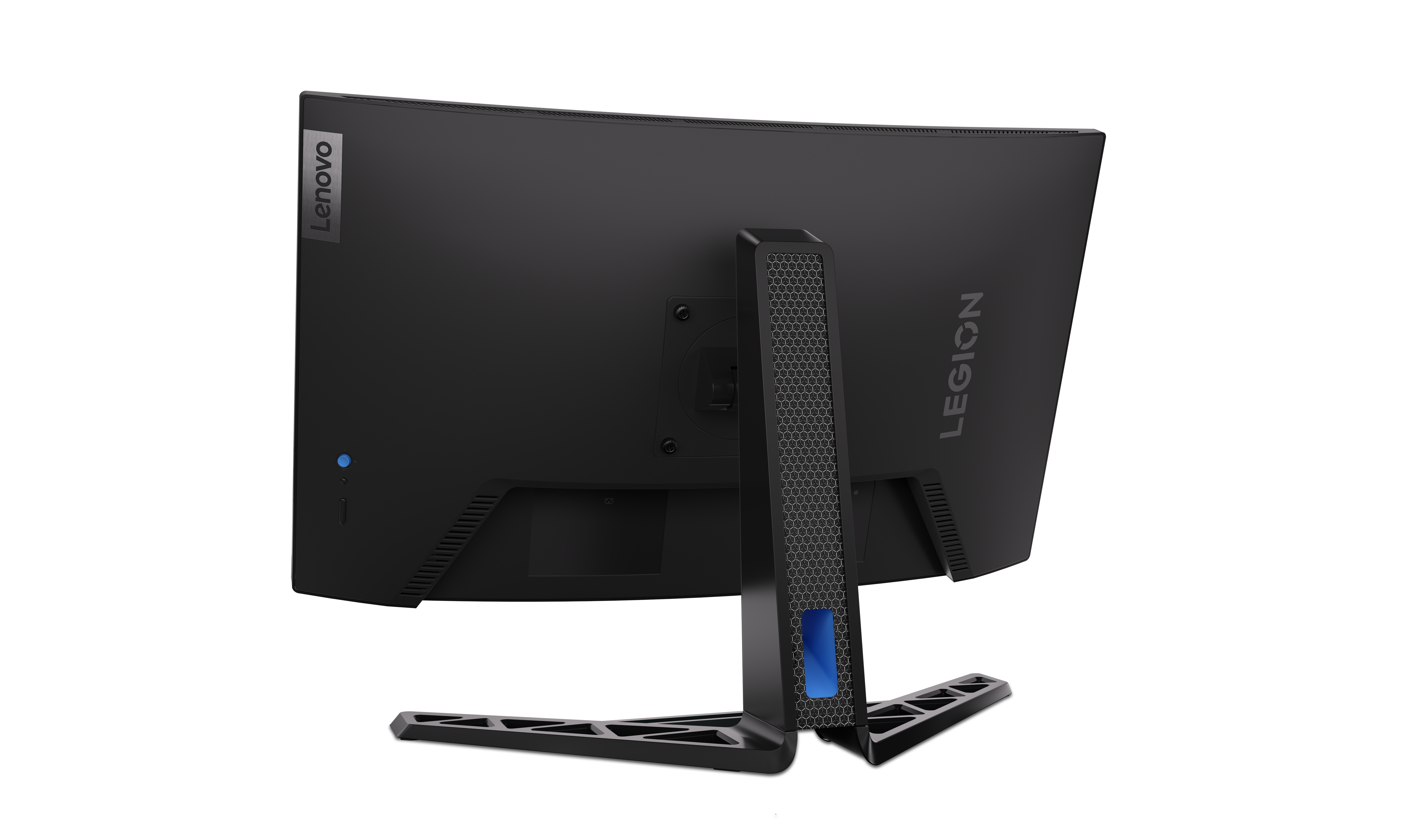 Achteraanzicht van een gebogen Lenovo Legion monitor. Hij is zwart met een standaard die een blauw verlicht detail heeft.