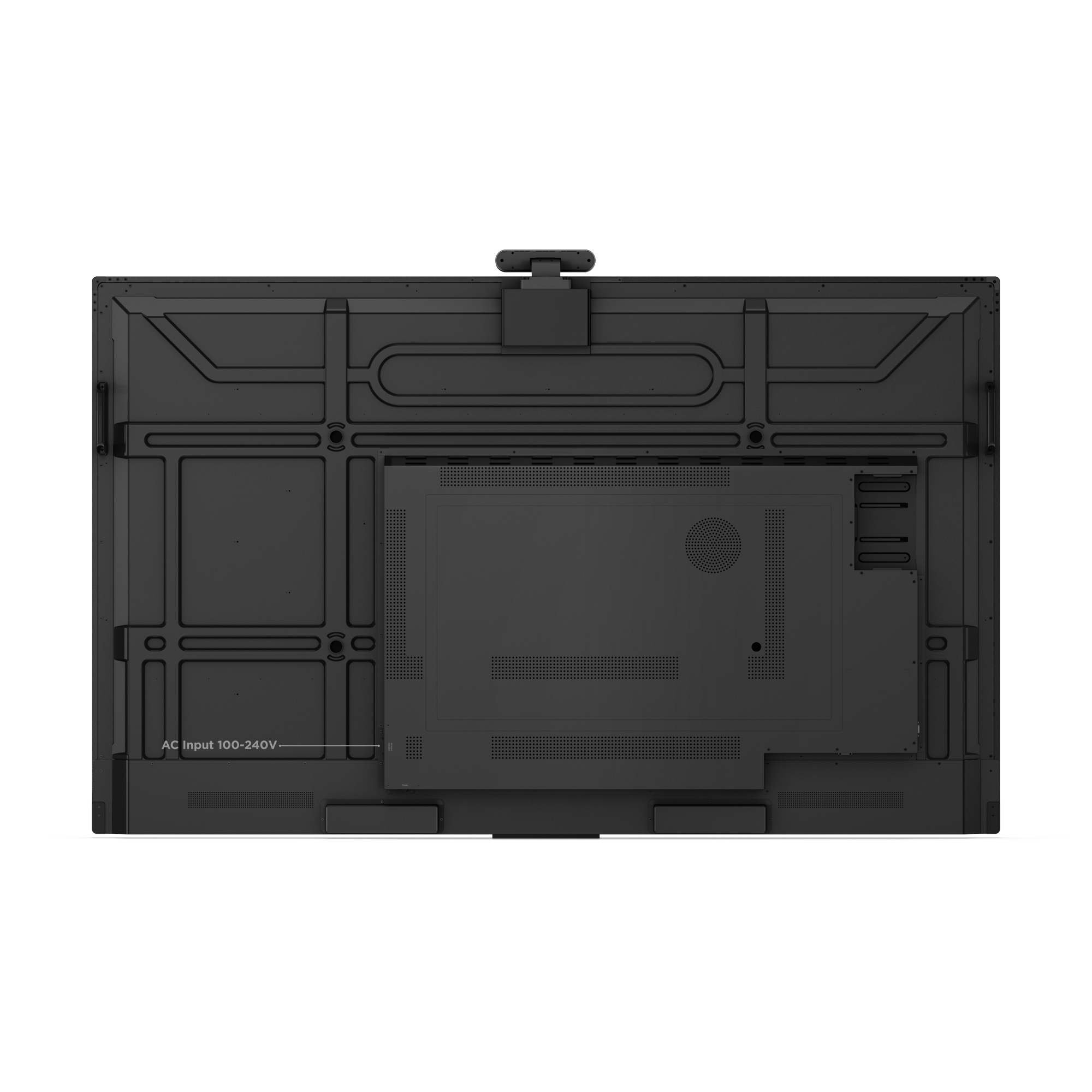 Rückansicht eines schwarzen Monitors mit Kamerahalterung, Rückwand und weißem Hintergrund.