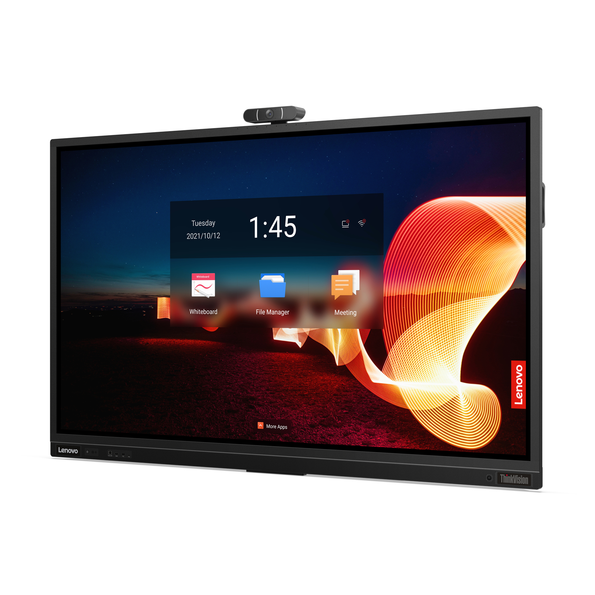 Ein Lenovo Smartboard zeigt eine Uhr, einen Dateimanager und Meeting-Optionen mit einem roten Lichteffekt.