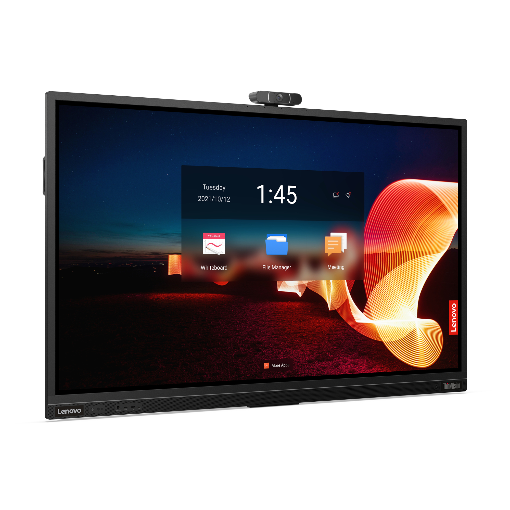 Ein Lenovo Smartboard zeigt eine Meeting-Oberfläche mit Uhrzeit, Datum und App-Symbolen.