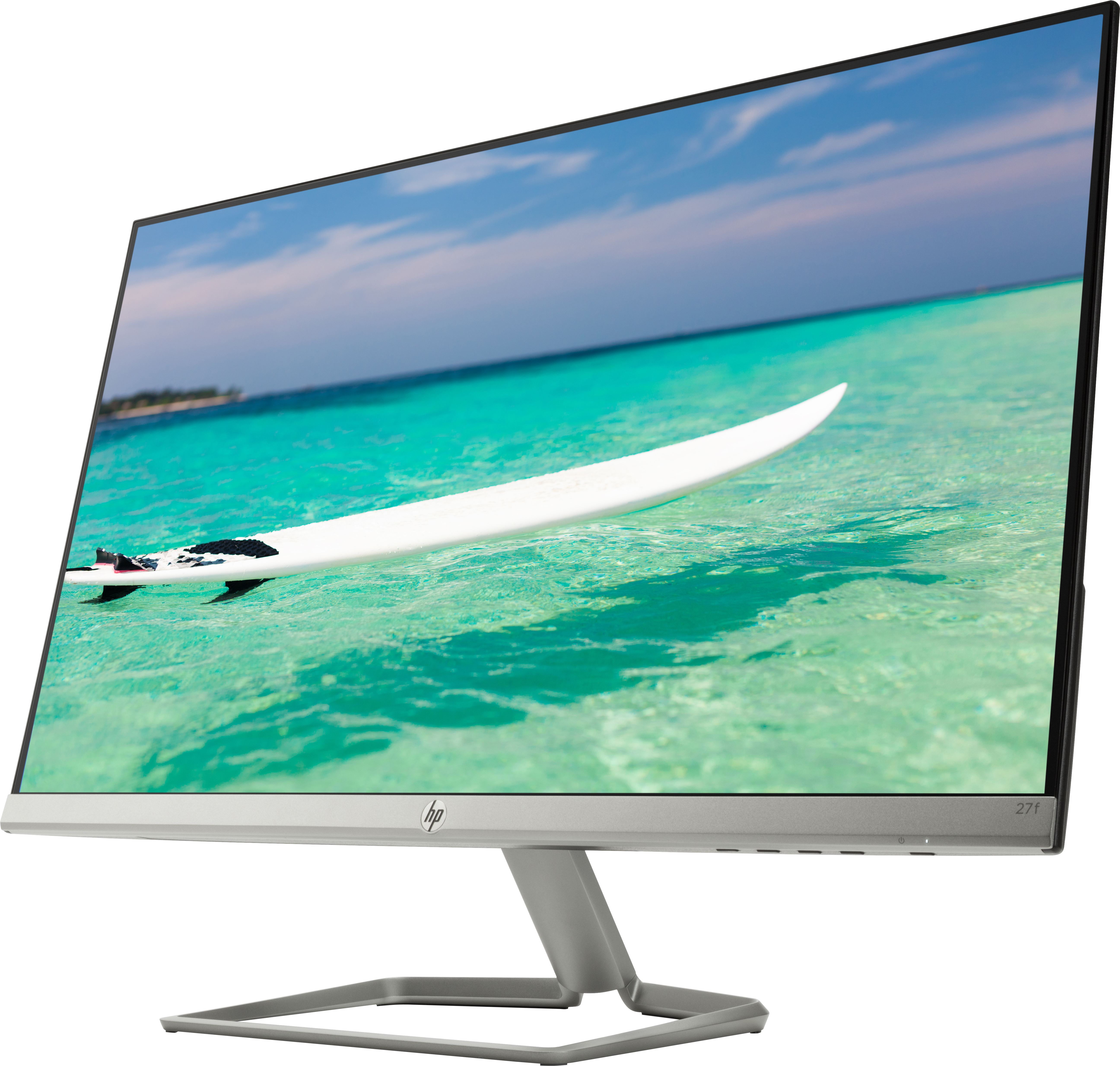 Un monitor HP che mostra una scena di spiaggia con una tavola da surf in acqua. Lo schermo ha una cornice argentata.