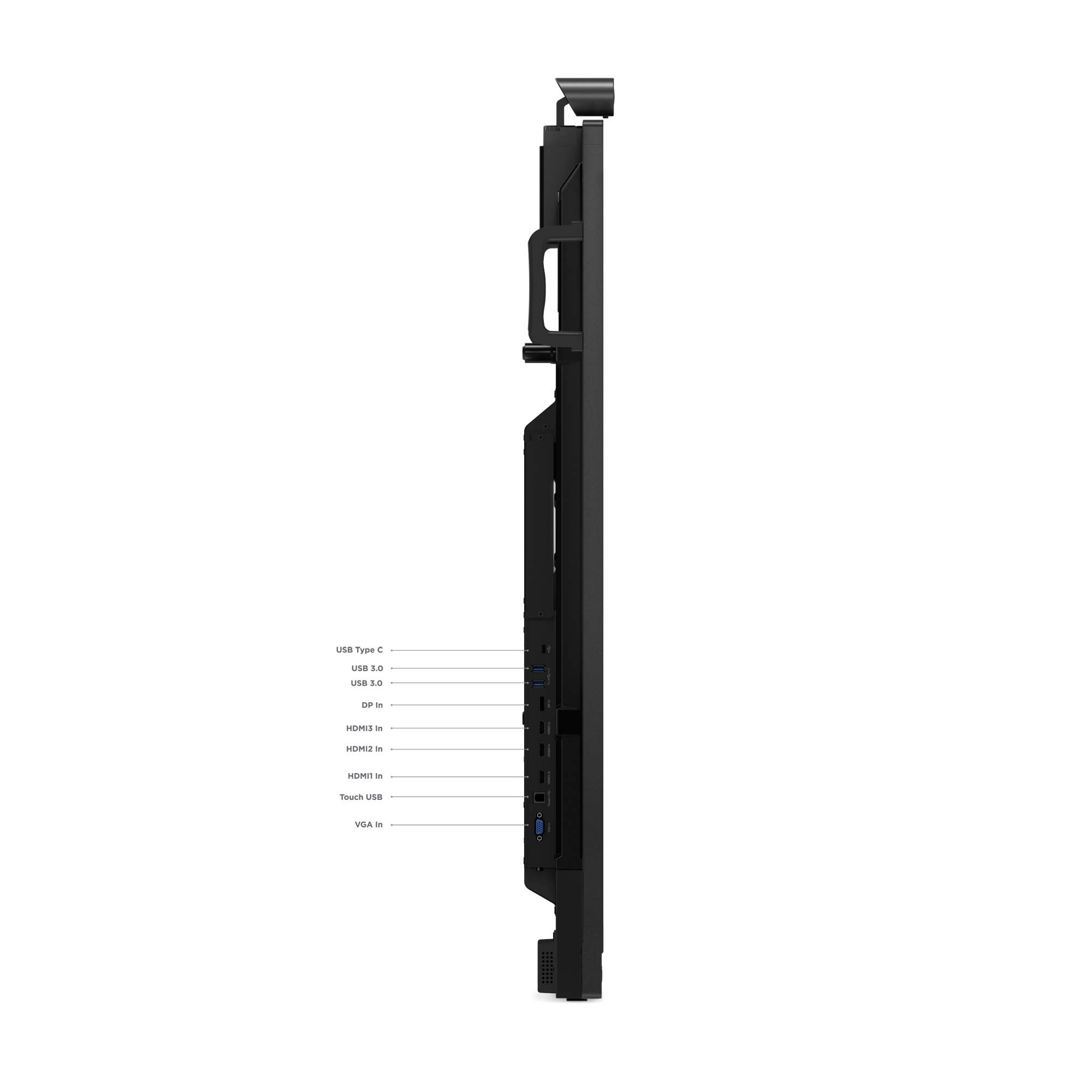 Seitenansicht eines schwarzen Monitors mit sichtbaren Anschlüssen. Beinhaltet USB, HDMI und mehr.