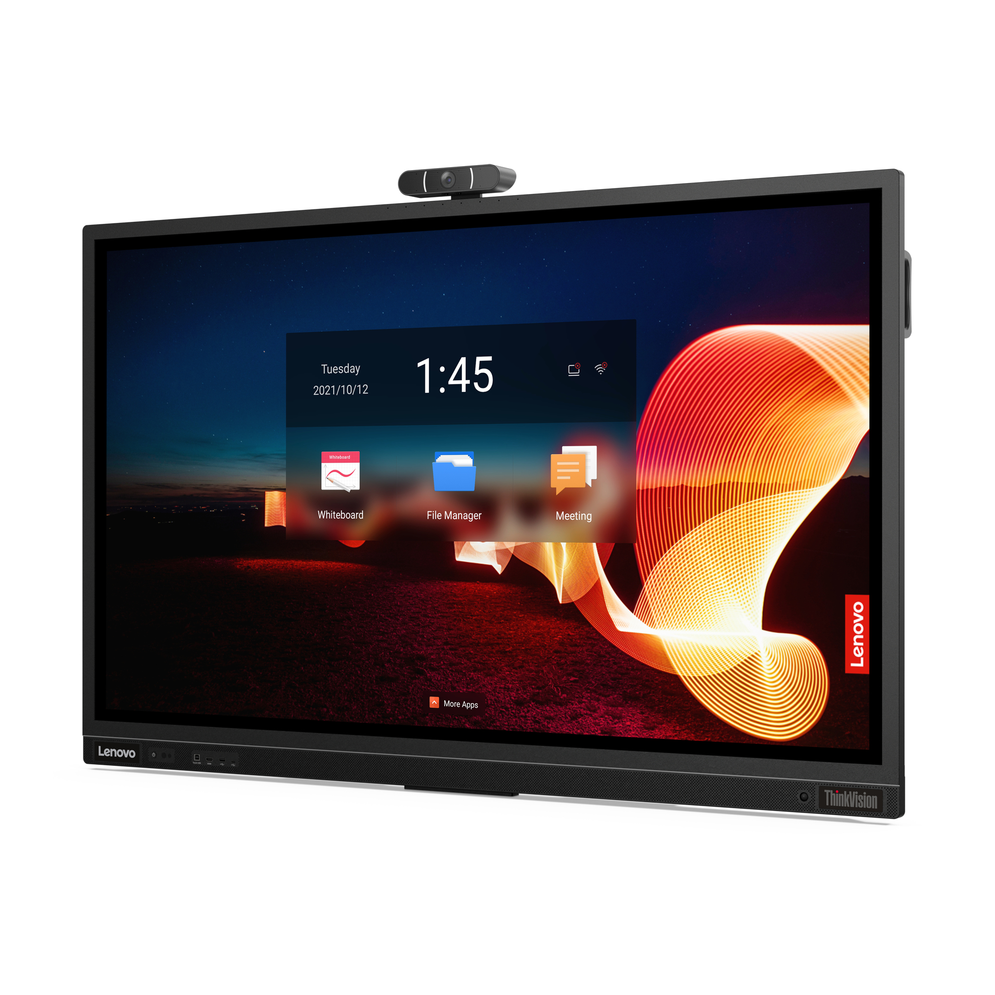 Ein Lenovo Smartboard zeigt Zeit und Symbole, mit rotem Lichtstreifen.