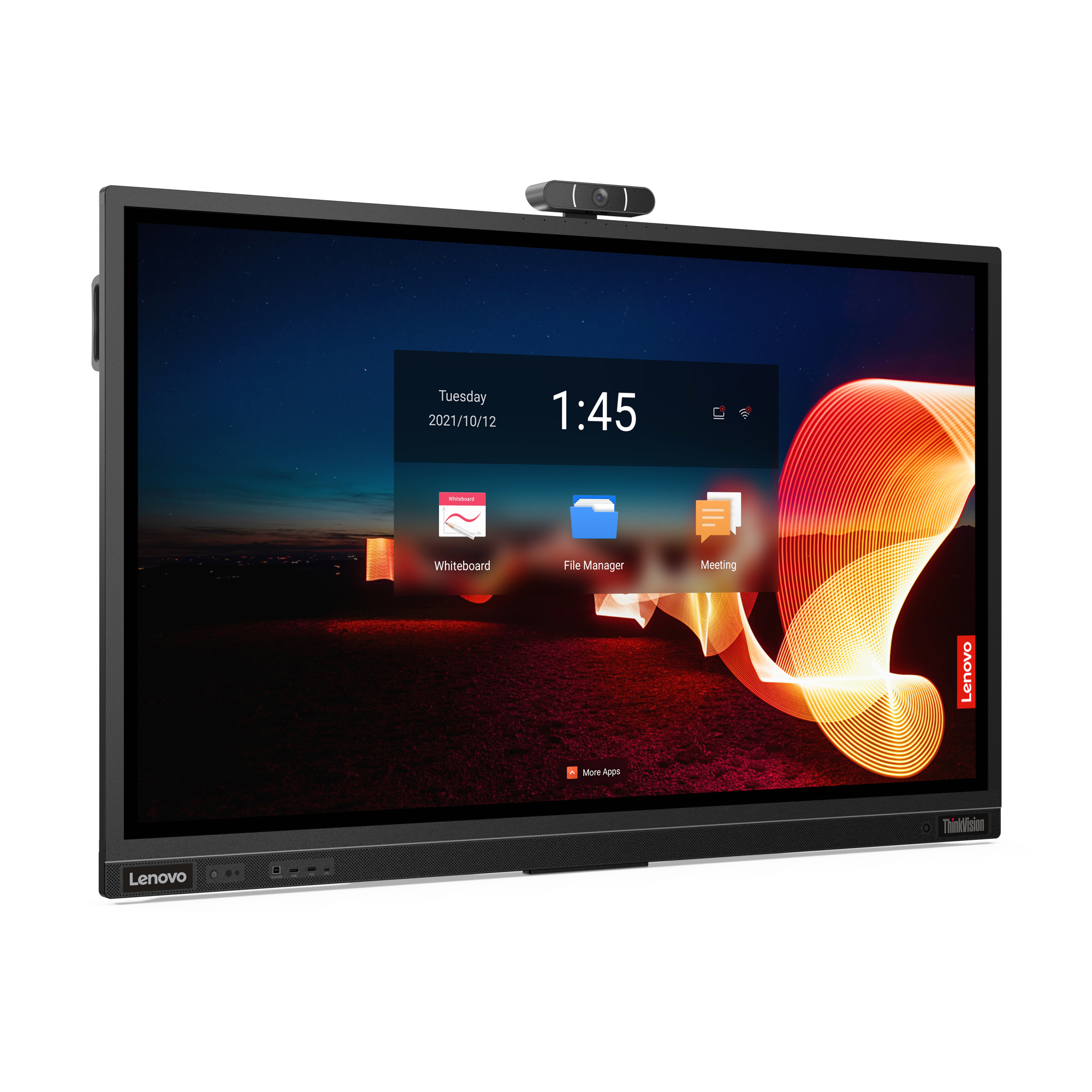 Ein Lenovo Thinksmart Board zeigt eine Meeting-Oberfläche mit Zeit und Optionen. Weißer Hintergrund.