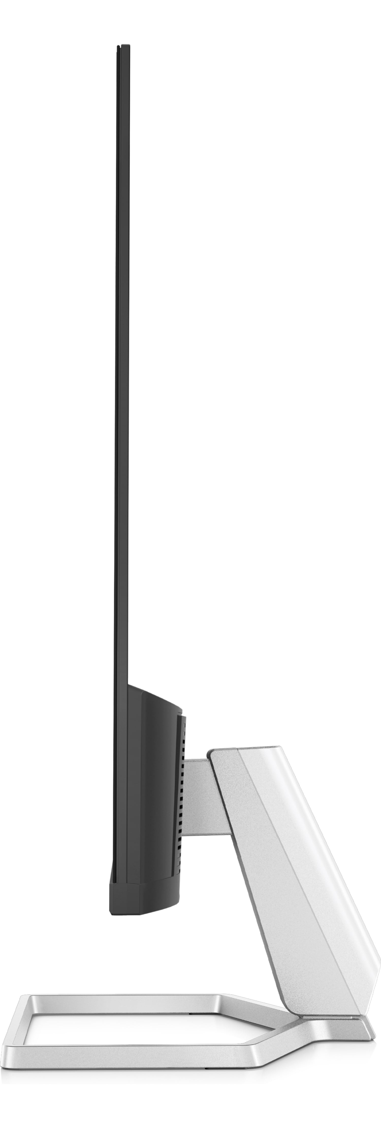 Vista laterale di un monitor. Lo schermo è nero e il supporto è argento e bianco. Il monitor è sottile.