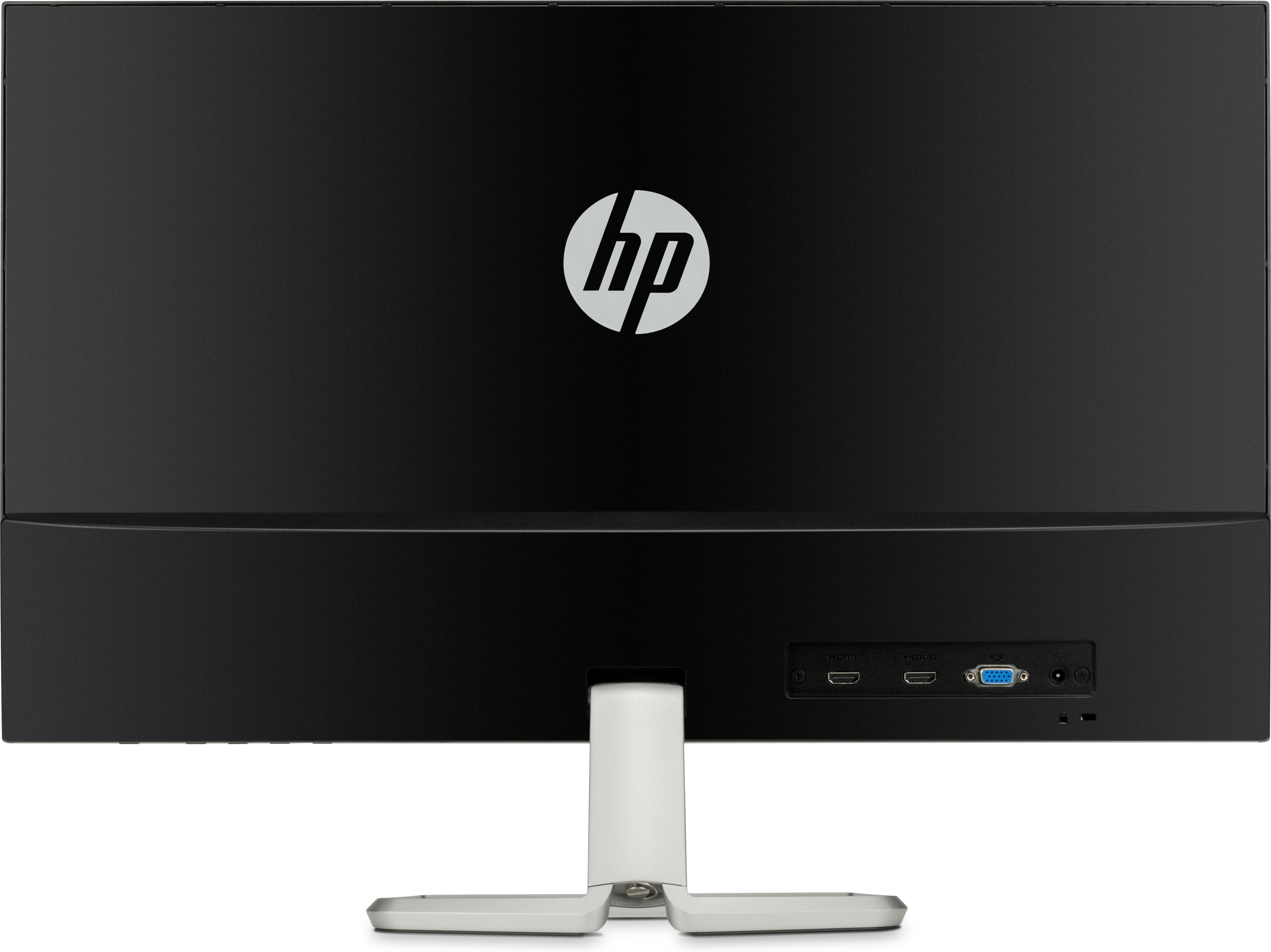 Il retro di un monitor HP nero con il logo HP e porte di connettività.