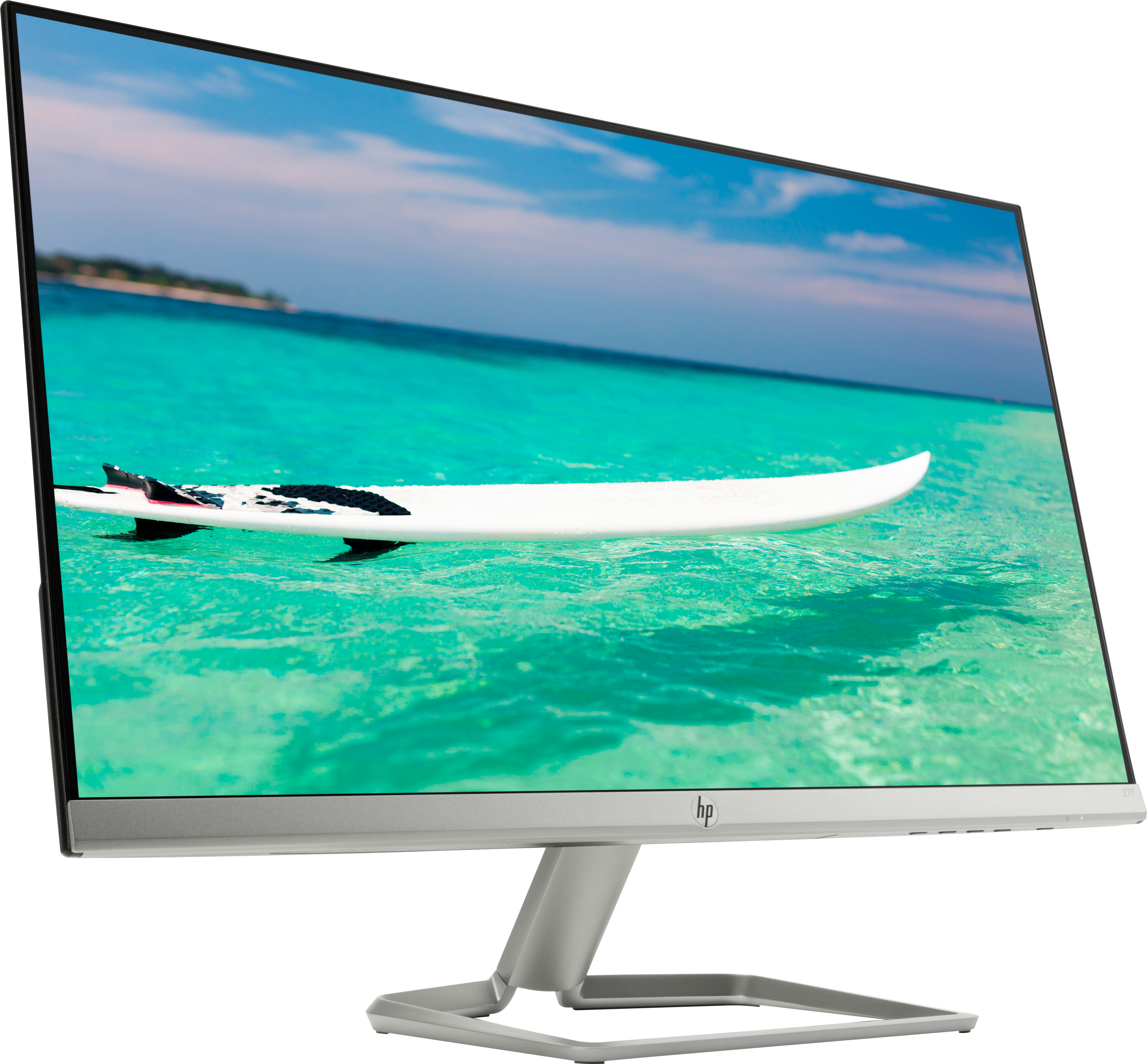 Monitor che mostra una scena di spiaggia con una tavola da surf bianca nell'oceano blu.