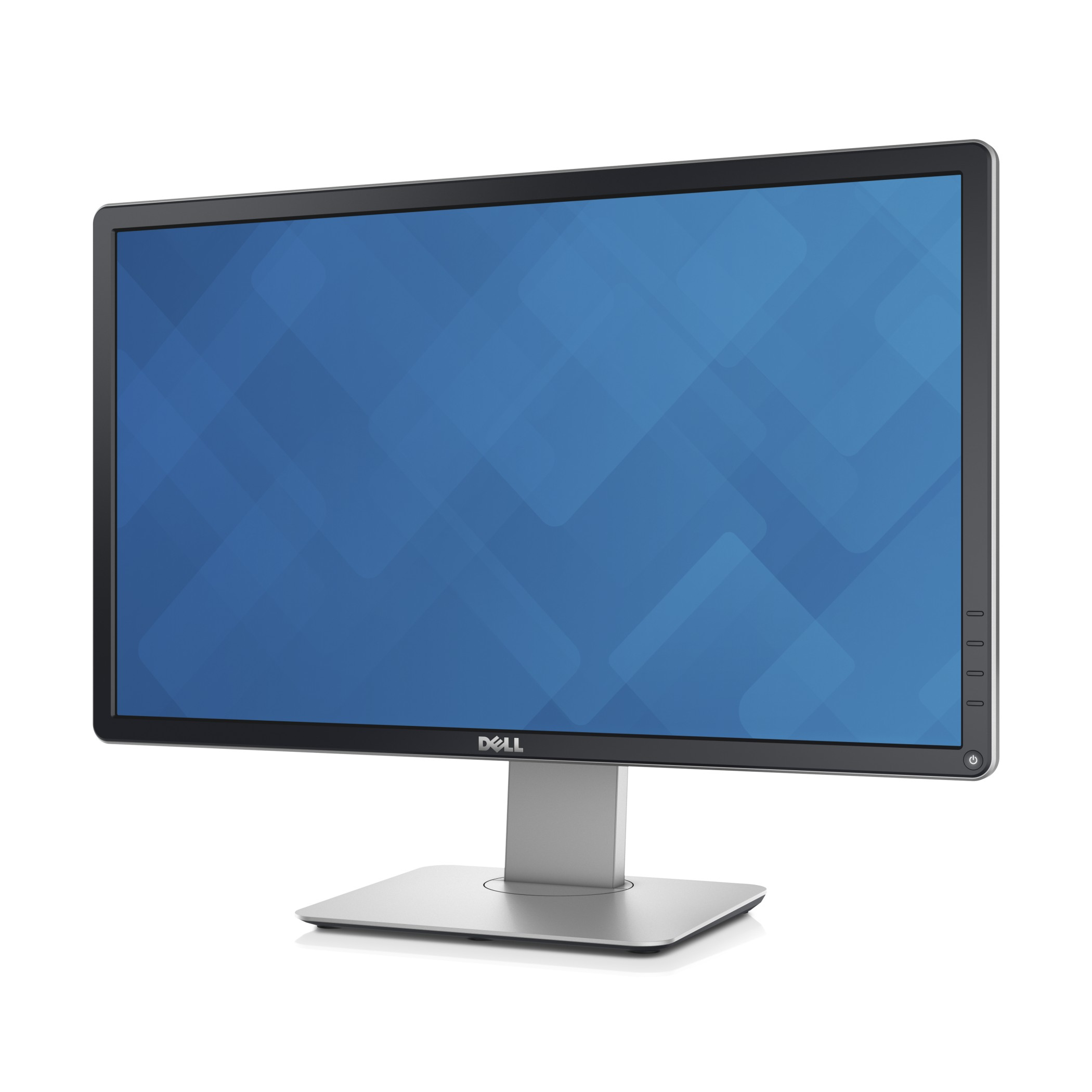 A Dell monitor displays a blue geometric pattern.