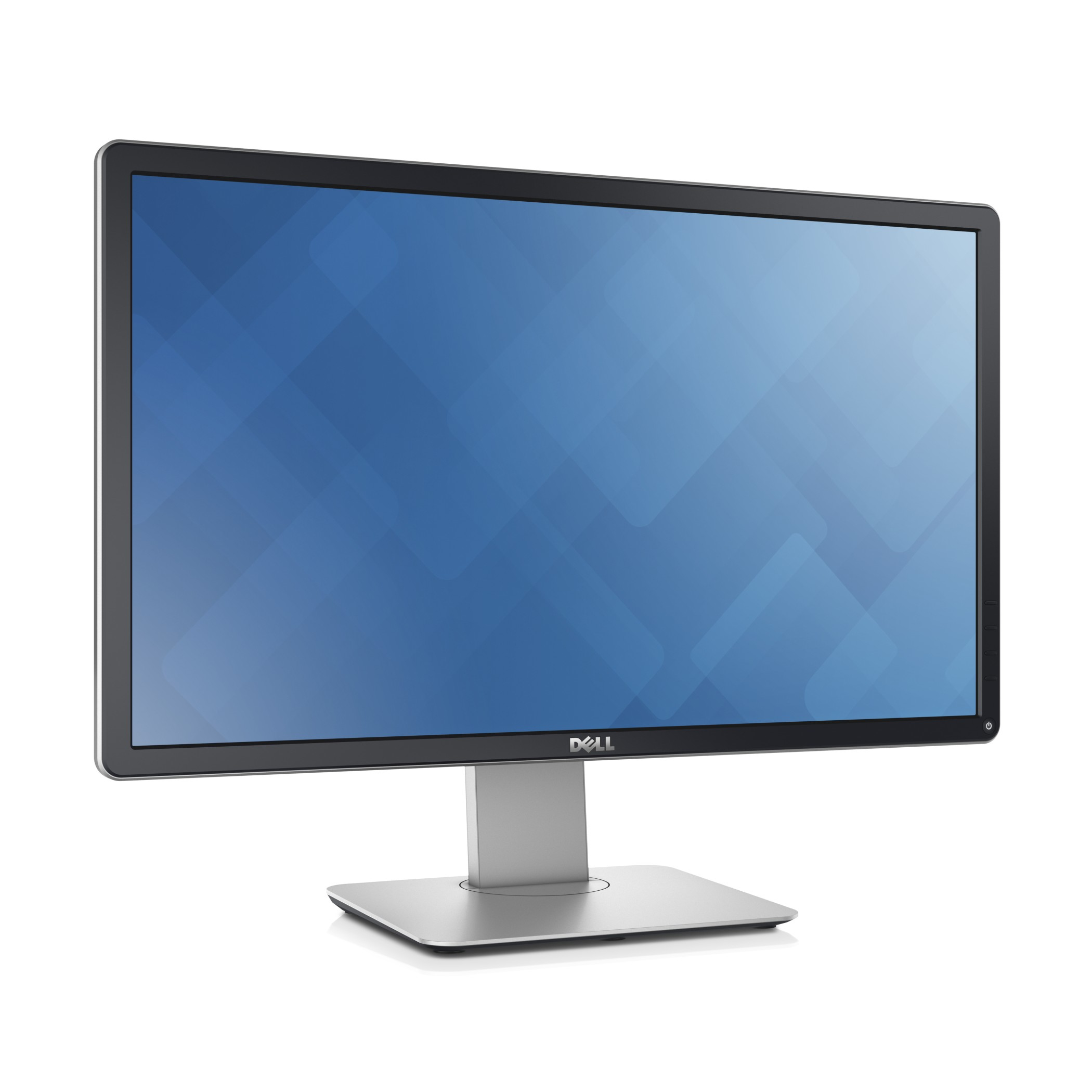 Dell monitor displaying a blue diamond pattern. The monitor has a silver stand and frame.