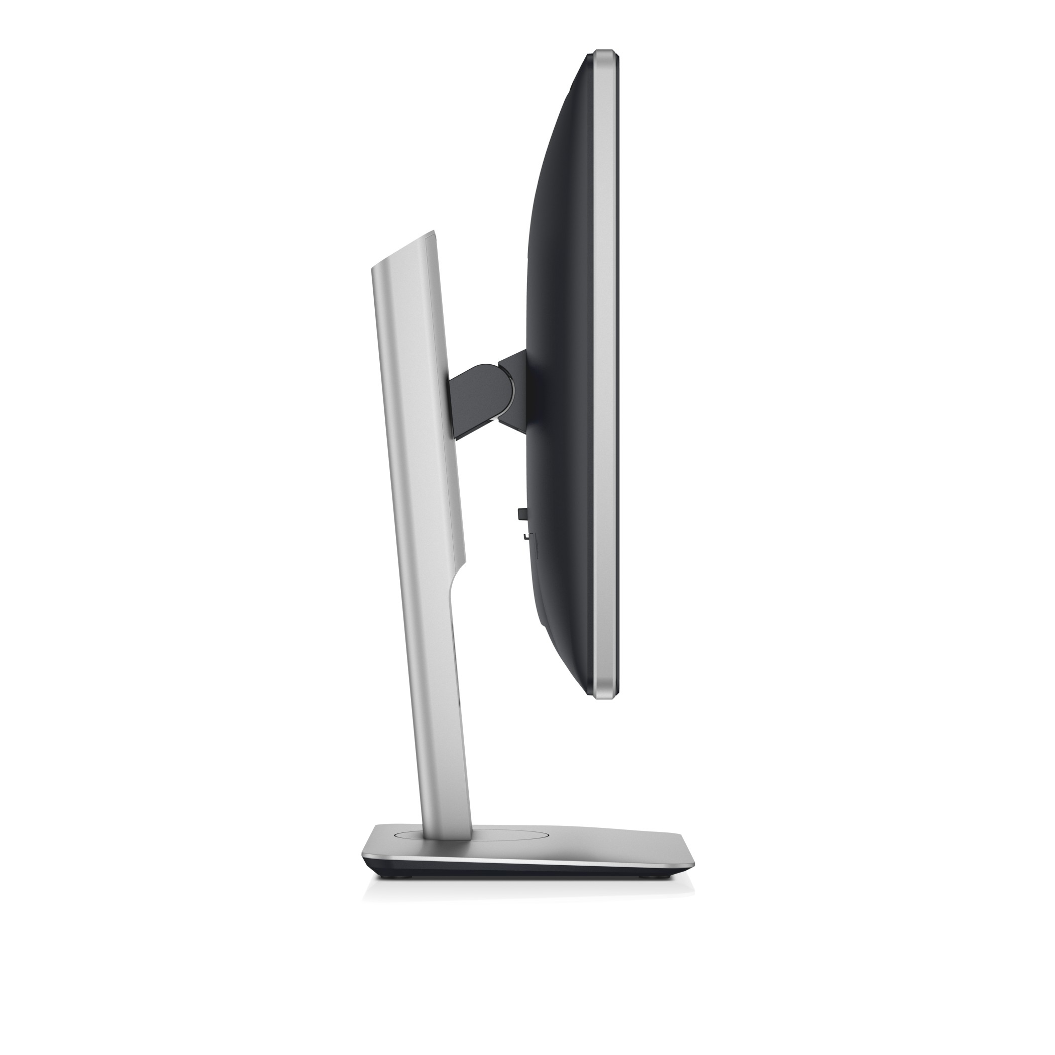 Side view of a silver and black Dell monitor, on a white background.