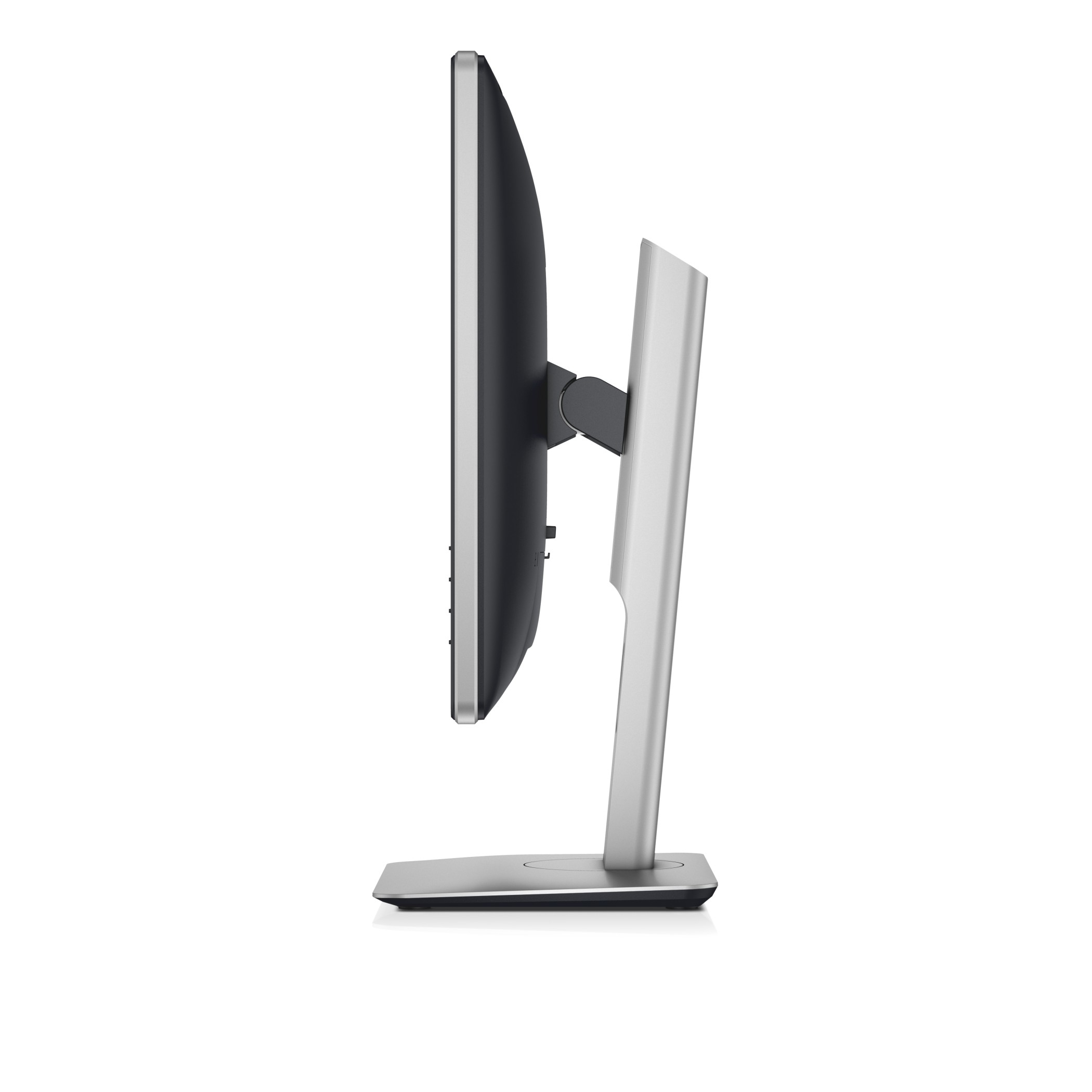 A side view of a monitor, showing its thin profile, black frame, and stand.