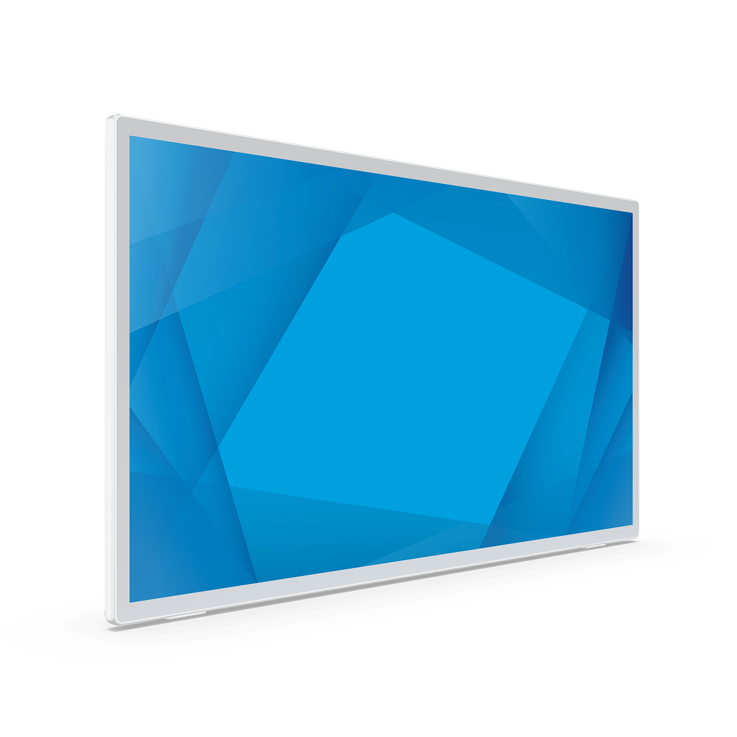 Weißer Monitor mit blauem geometrischen Design auf dem Bildschirm. Weißer Rahmen und Ständer.