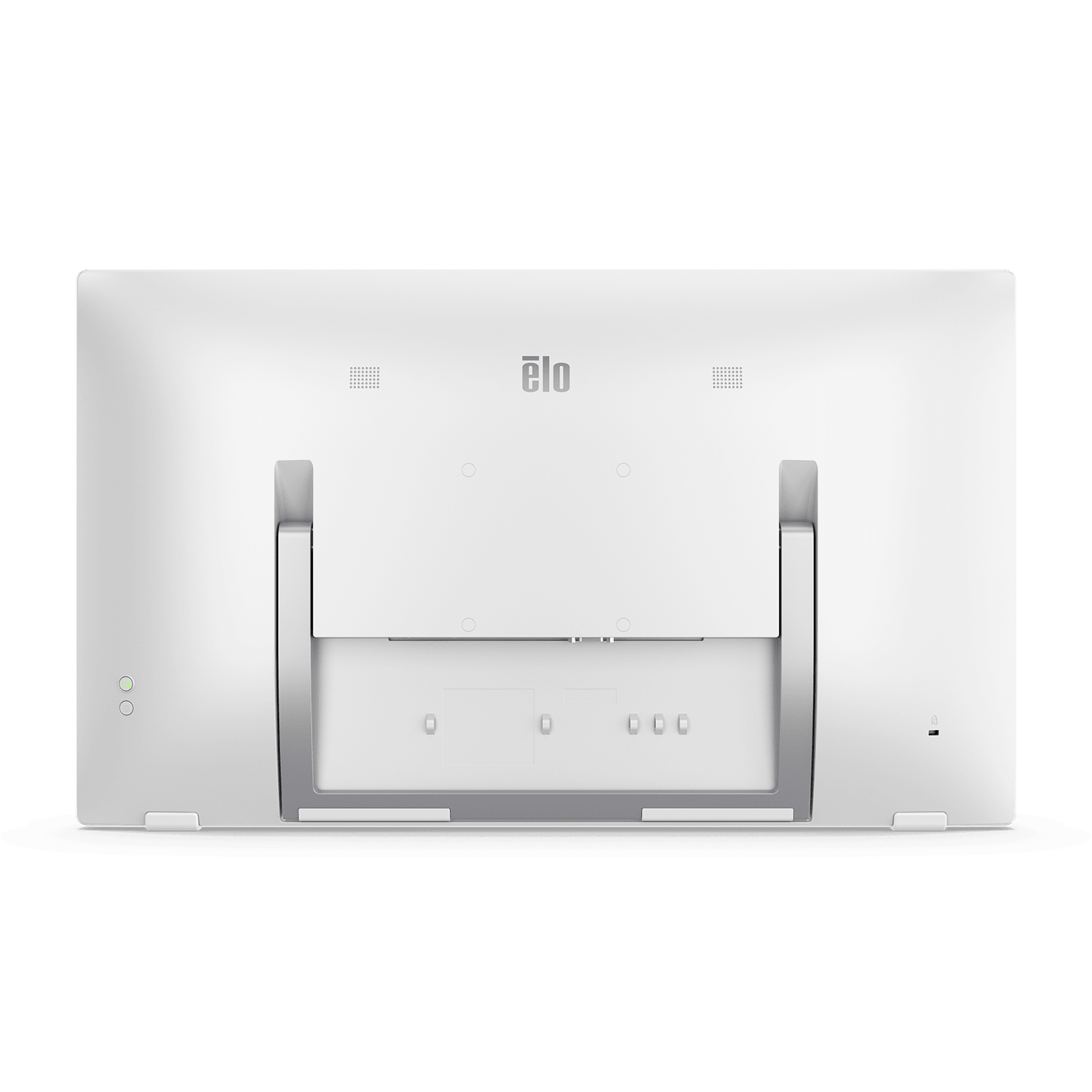 Die Rückseite eines weißen Elo-Monitors. Es hat ein schlichtes Design mit Anschlüssen und Lüftungslöchern.