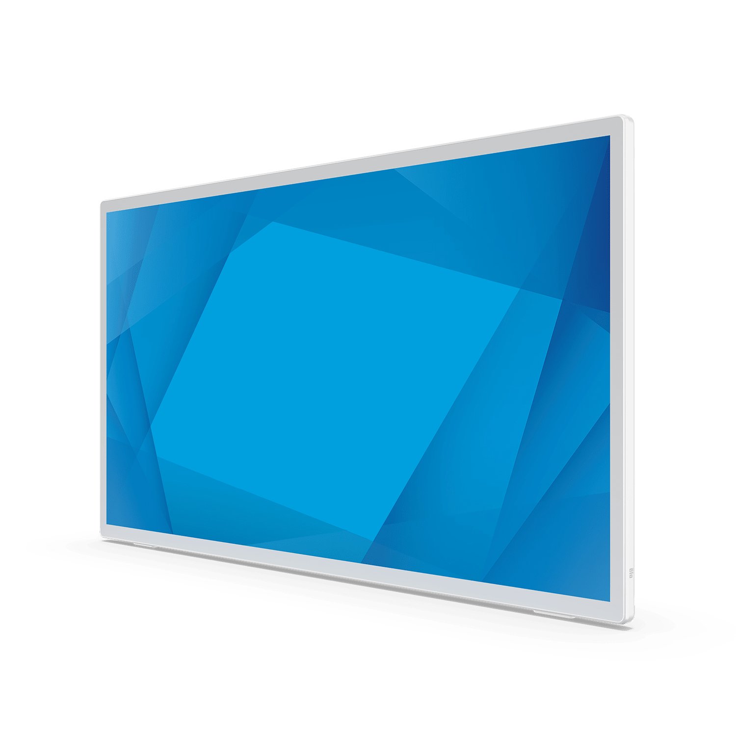 Weißer Monitor mit blauem geometrischem Design auf dem Bildschirm. Silberner Rahmen. Weißer Hintergrund.