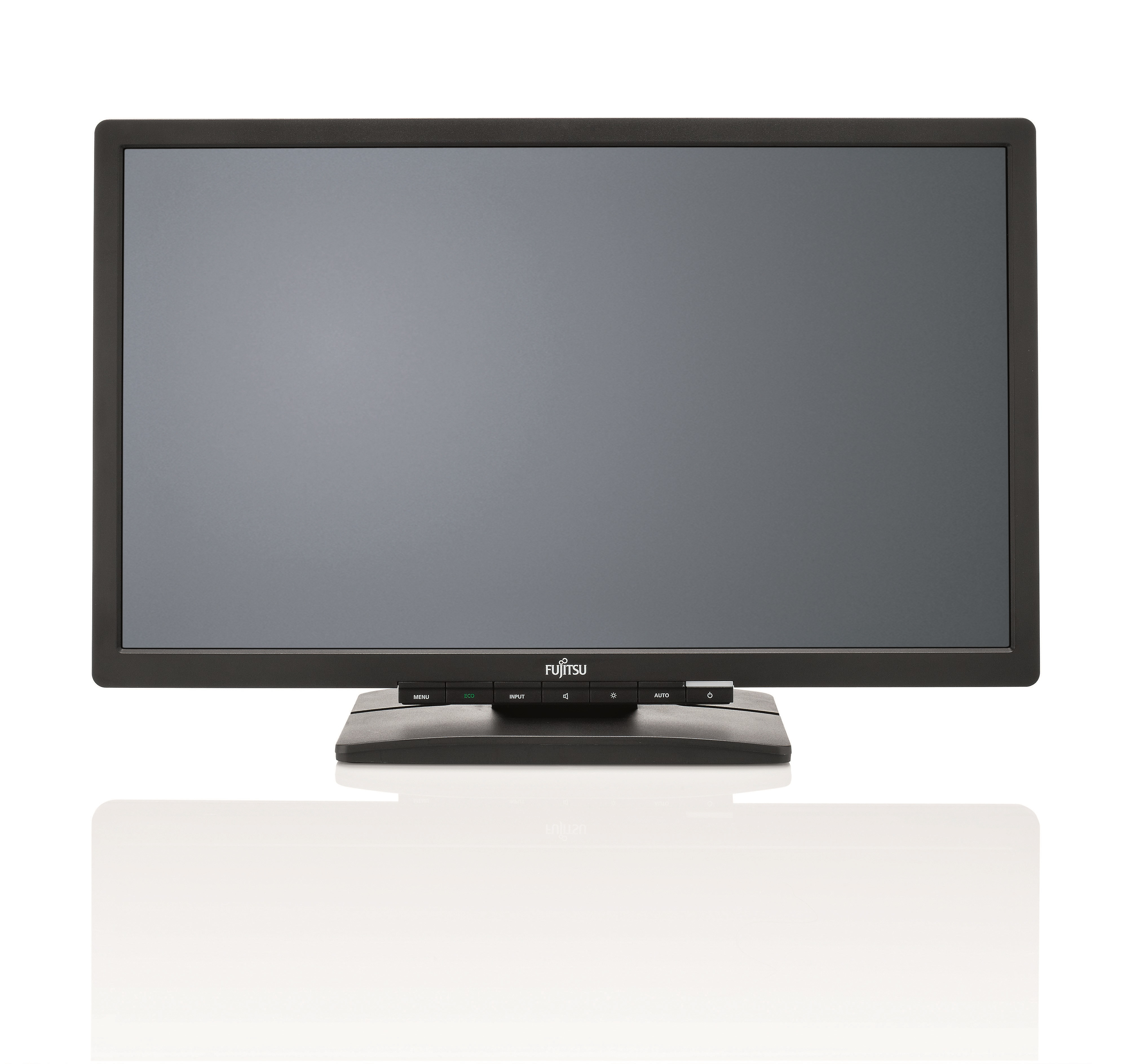 Vista frontale di un monitor Fujitsu nero con schermo grigio, su superficie bianca con riflesso.