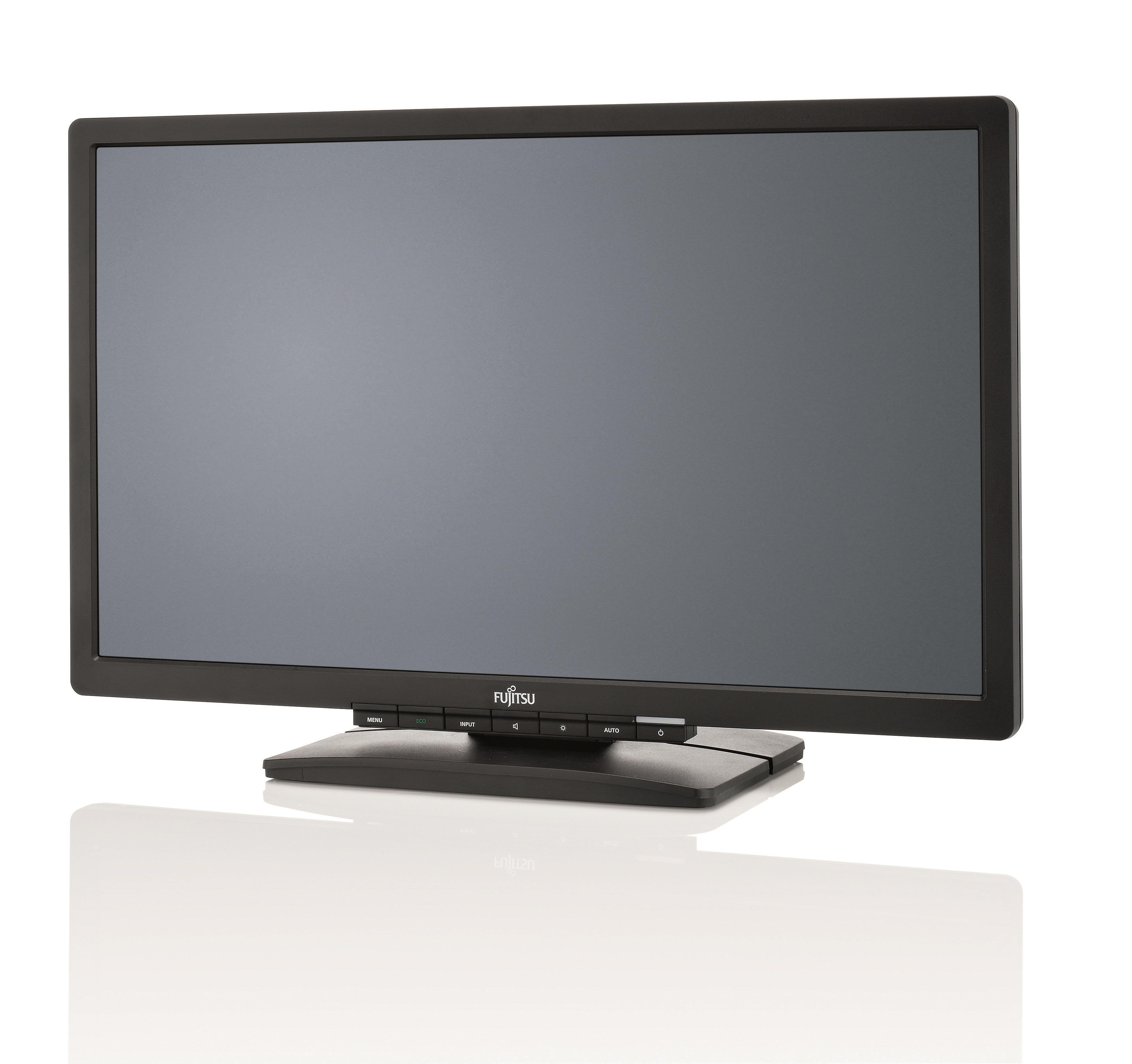 Monitor Fujitsu su bianco, cornice nera, schermo grigio, base nera.