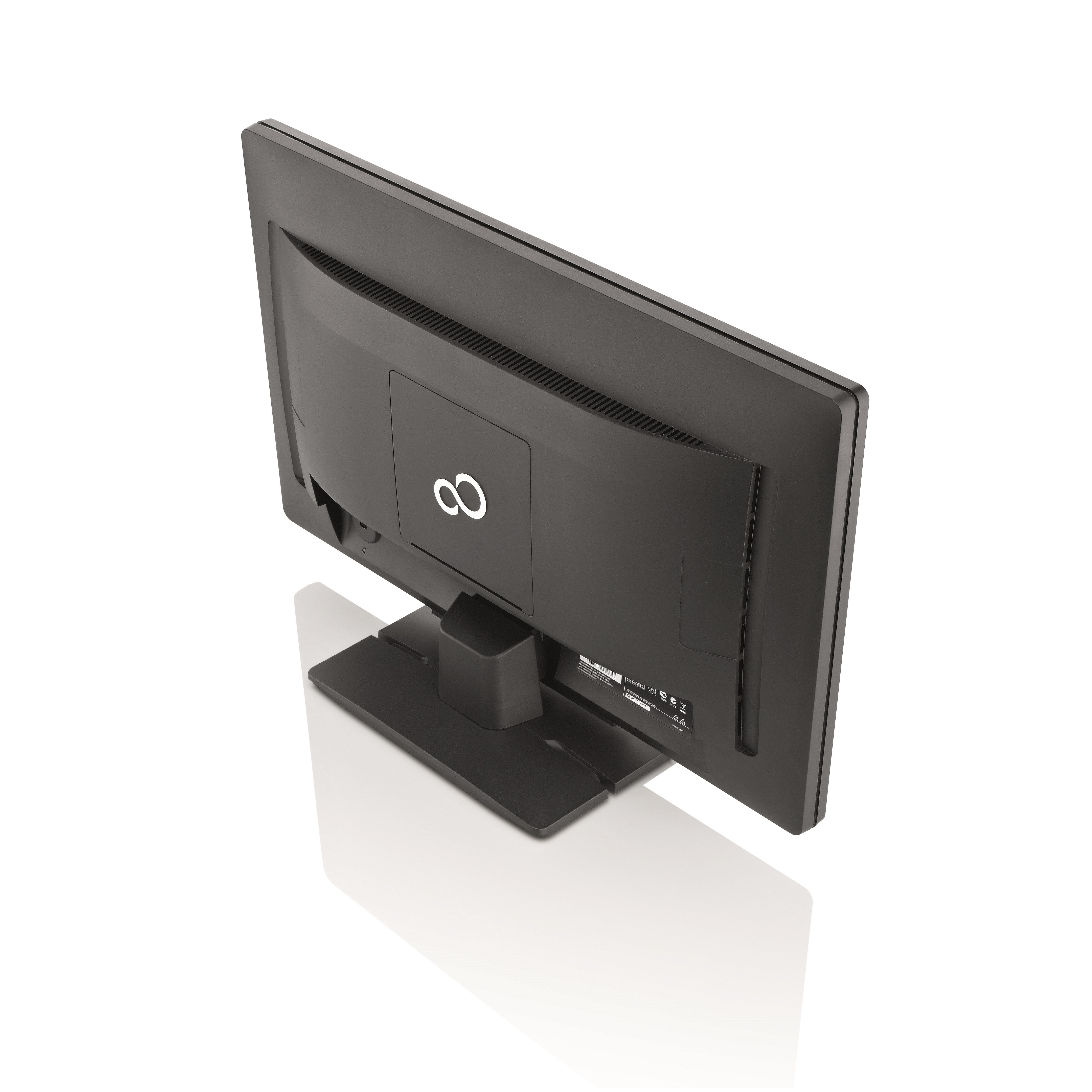Il retro di un monitor Fujitsu nero con il logo infinito Fujitsu e un supporto nero.