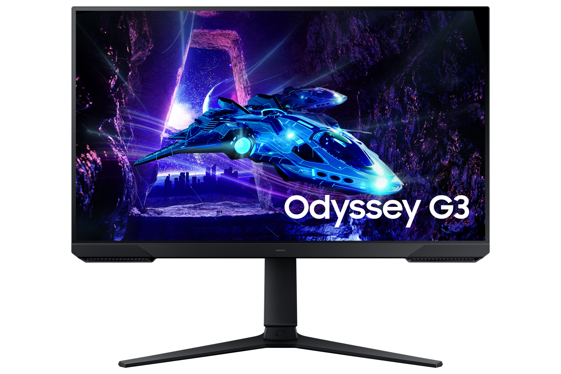 Monitor Samsung Odyssey G3, widok z przodu, ekran z statkiem kosmicznym, czarna podstawa.