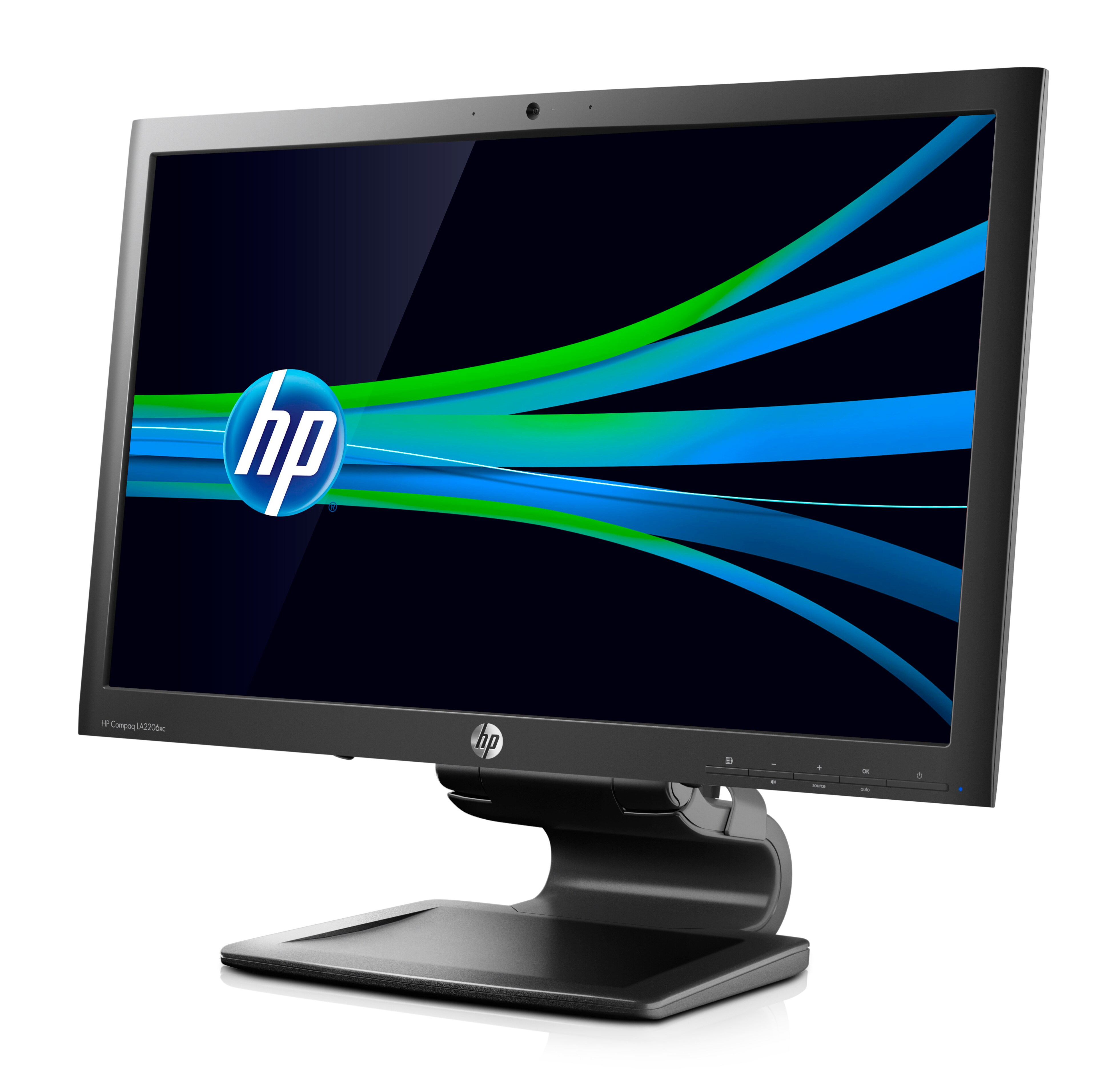 Monitor HP con sfondo astratto blu e verde. Viene visualizzato il logo HP.