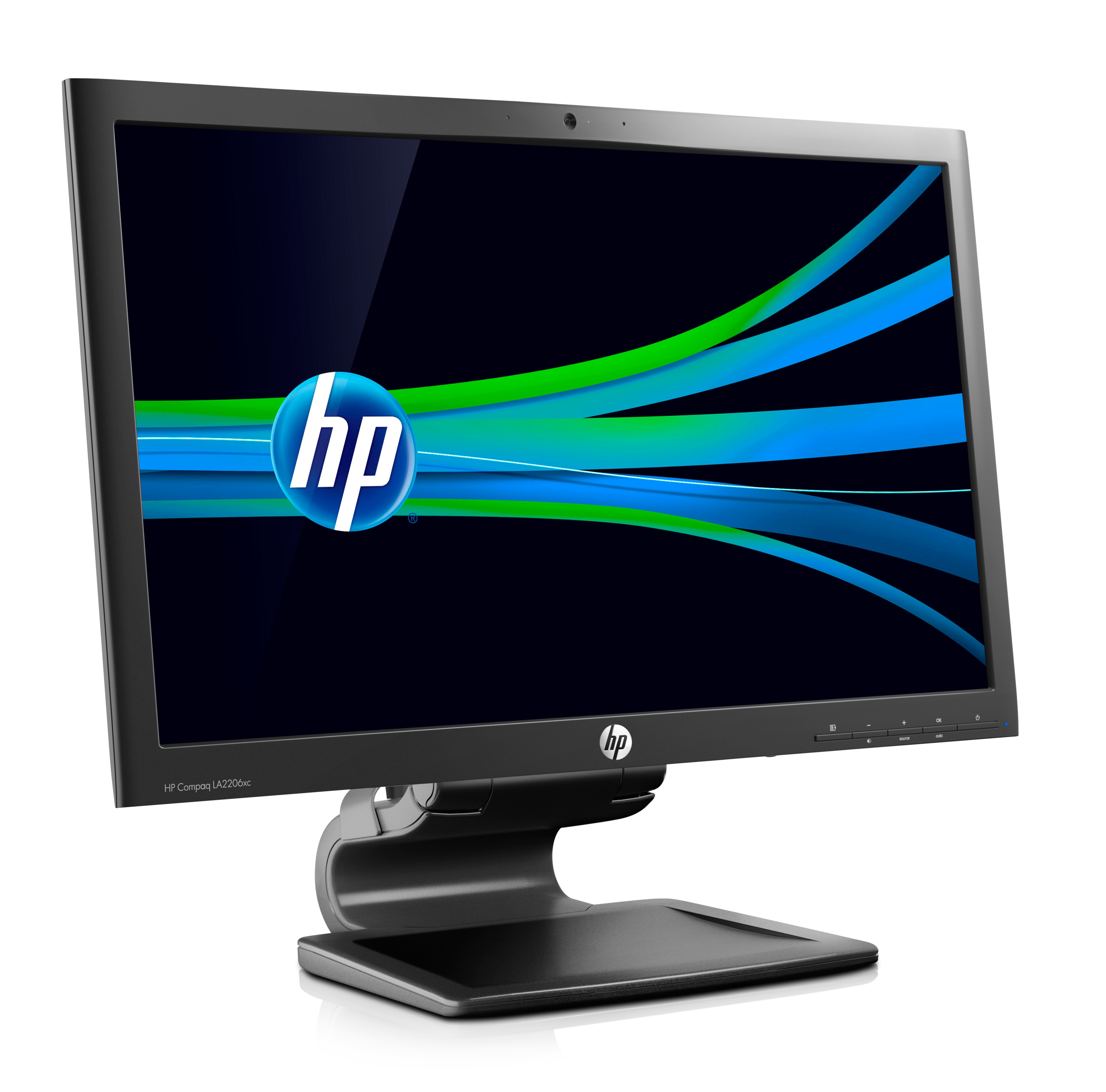 Monitor HP nero con logo HP e design blu-verde sullo schermo.