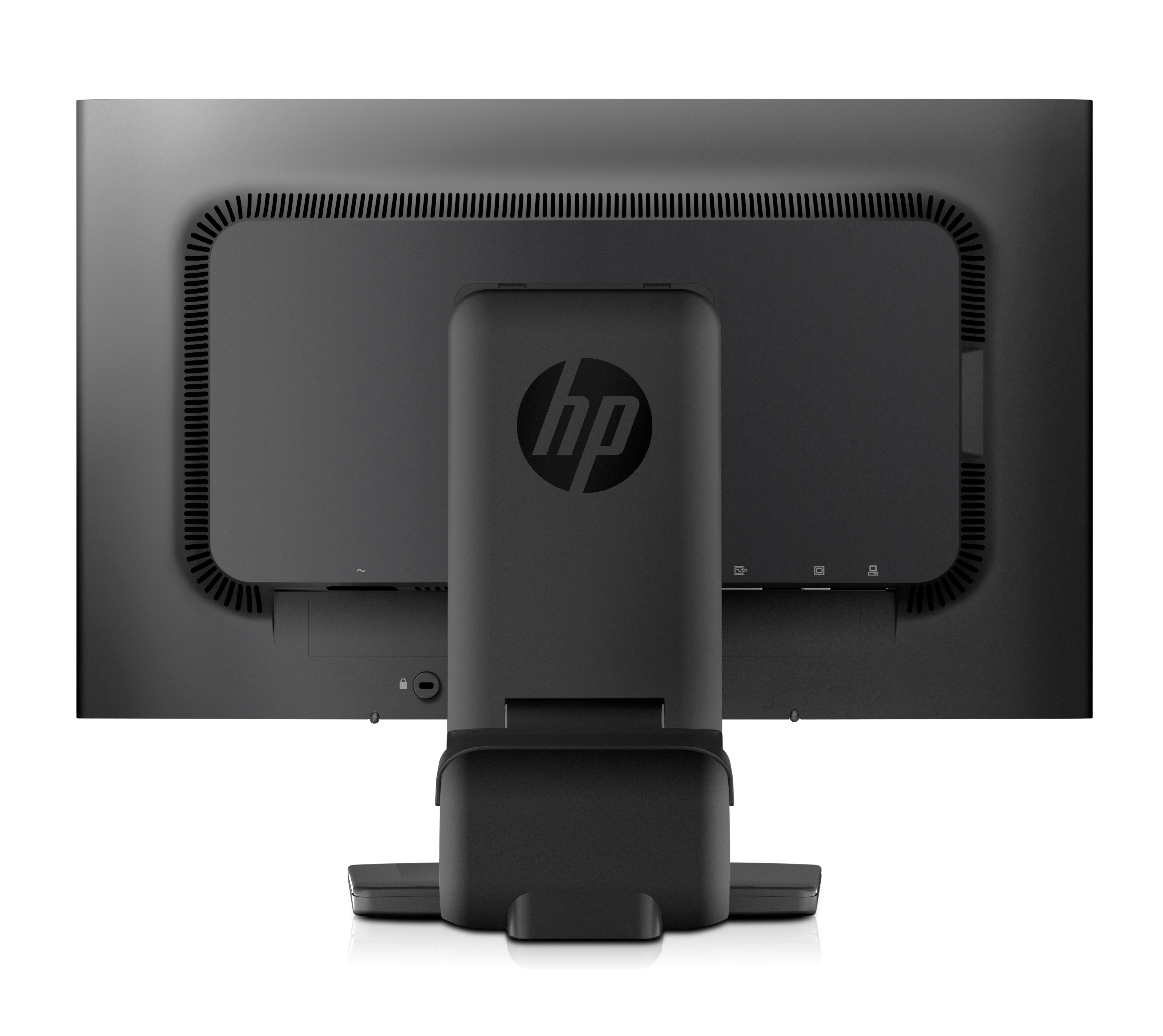 Retro di un monitor HP nero. Mostra porte, supporto e logo HP. Sfondo bianco.