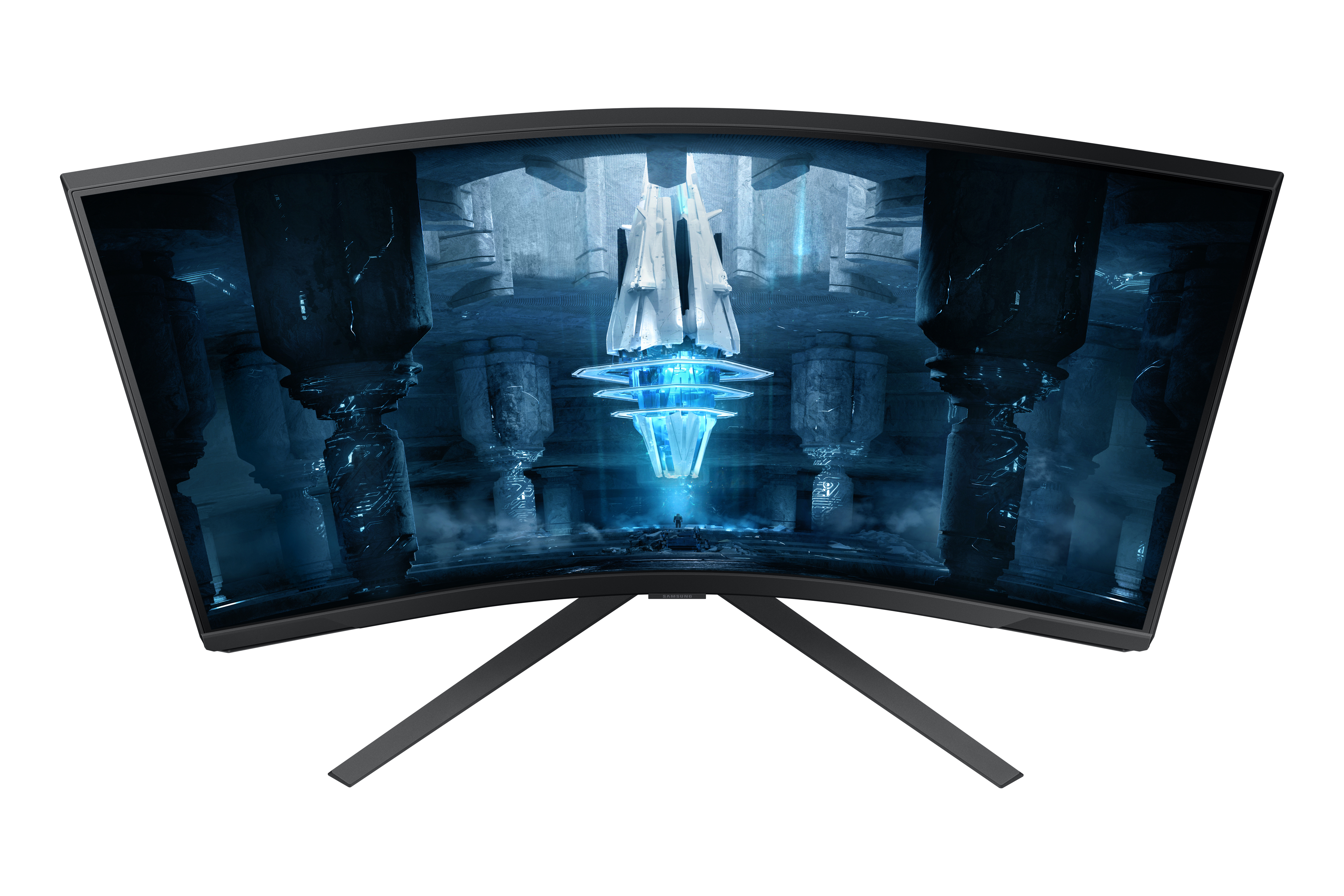 Gebogen computermonitor met een futuristische scène.