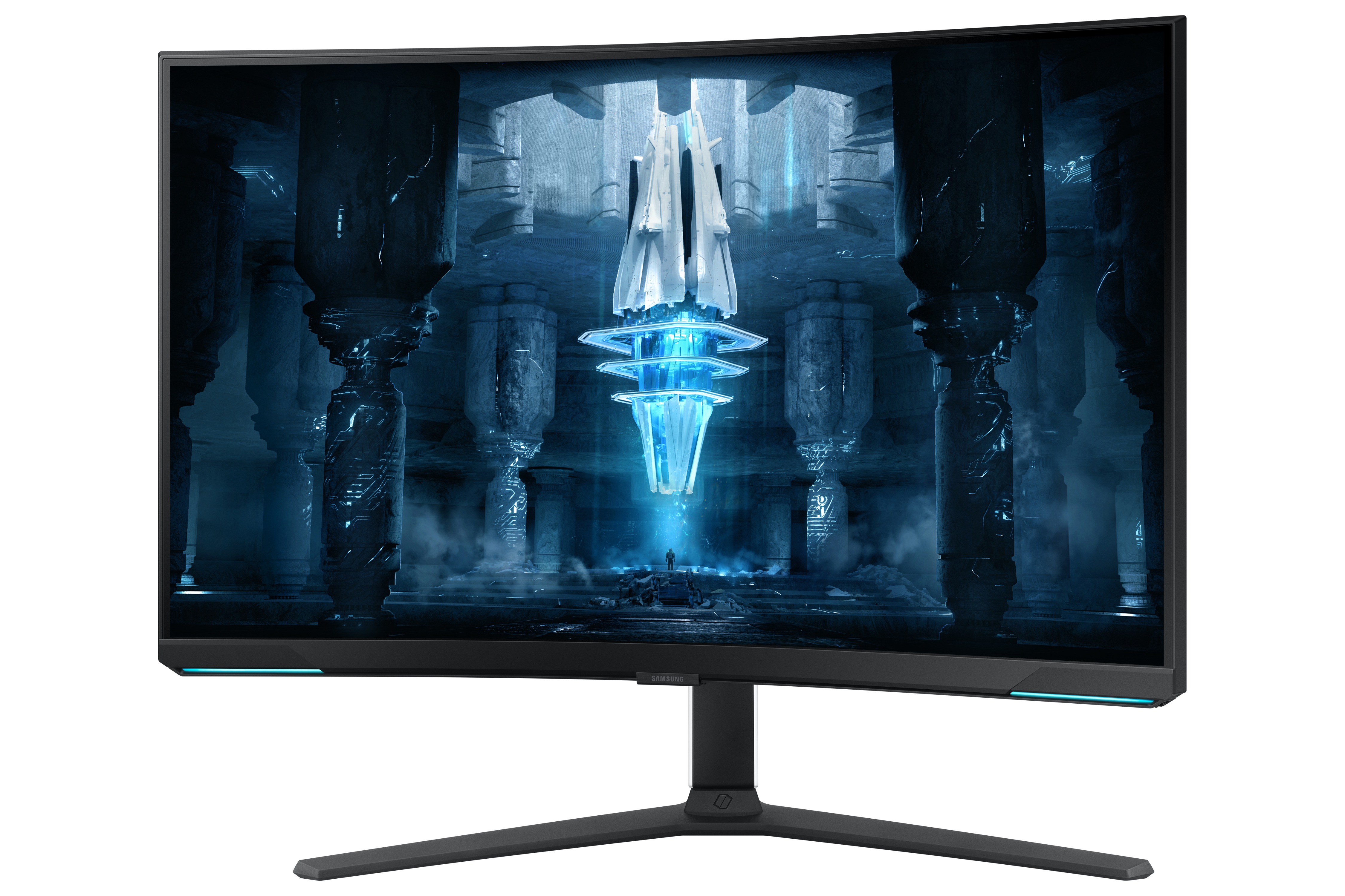 Gebogen computermonitor met een futuristische, blauw-witte sciencefictiescène.