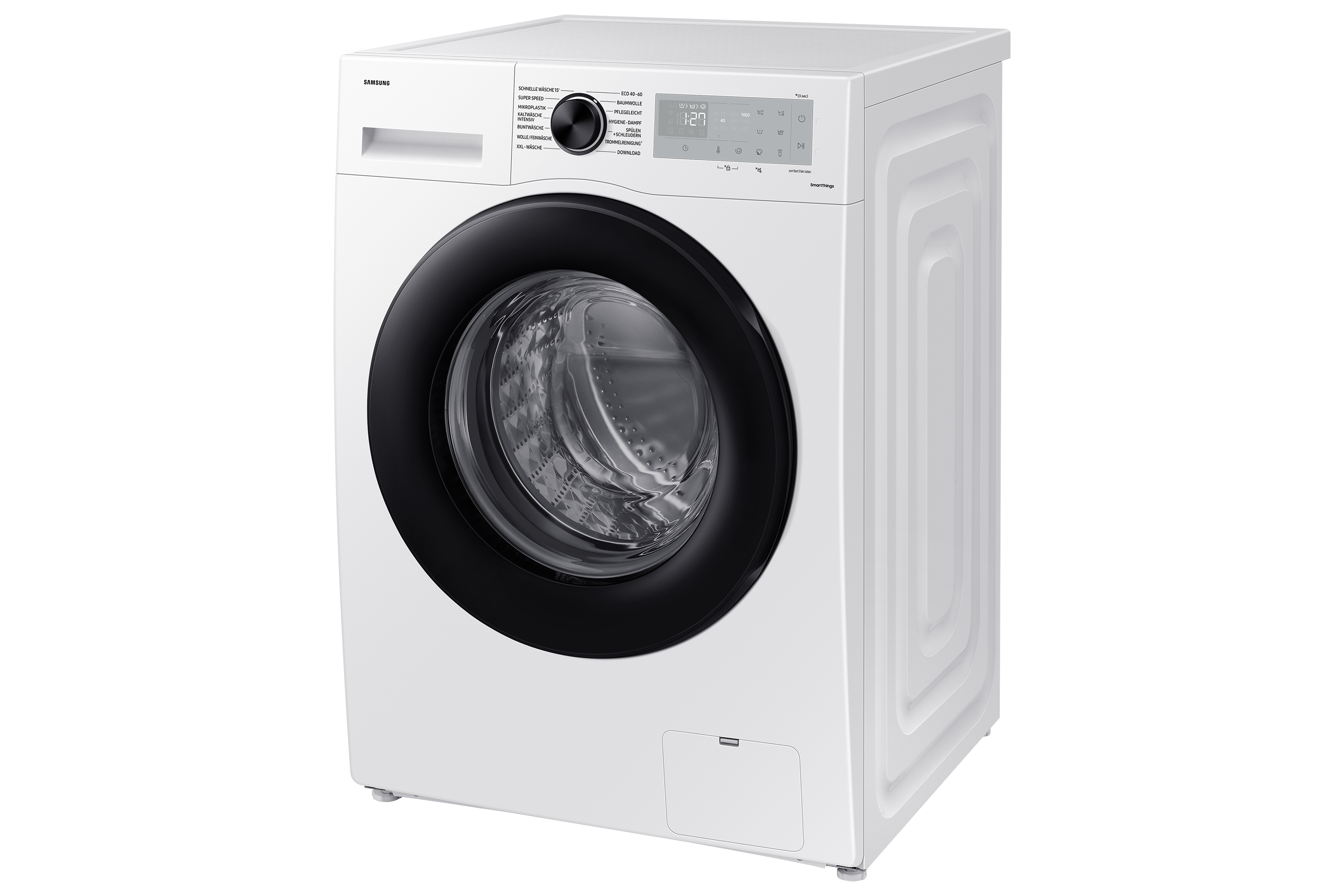 Weiße Samsung Waschmaschine mit schwarzer Tür, schräge Ansicht, weißer Hintergrund.