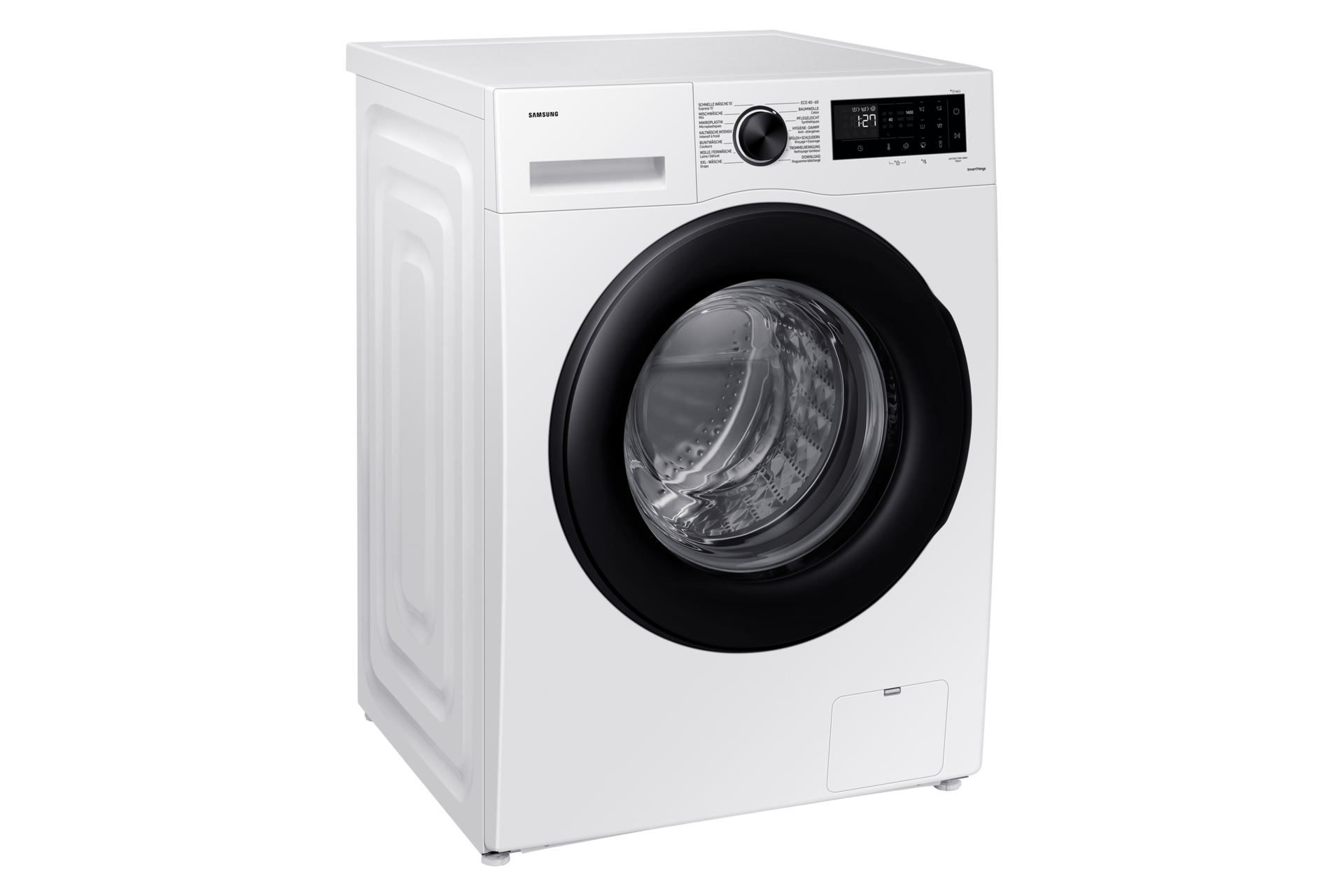 Lave-linge Samsung blanc, porte noire. Affichage numérique, panneau de commande. Design épuré et moderne. Isolé sur fond blanc.