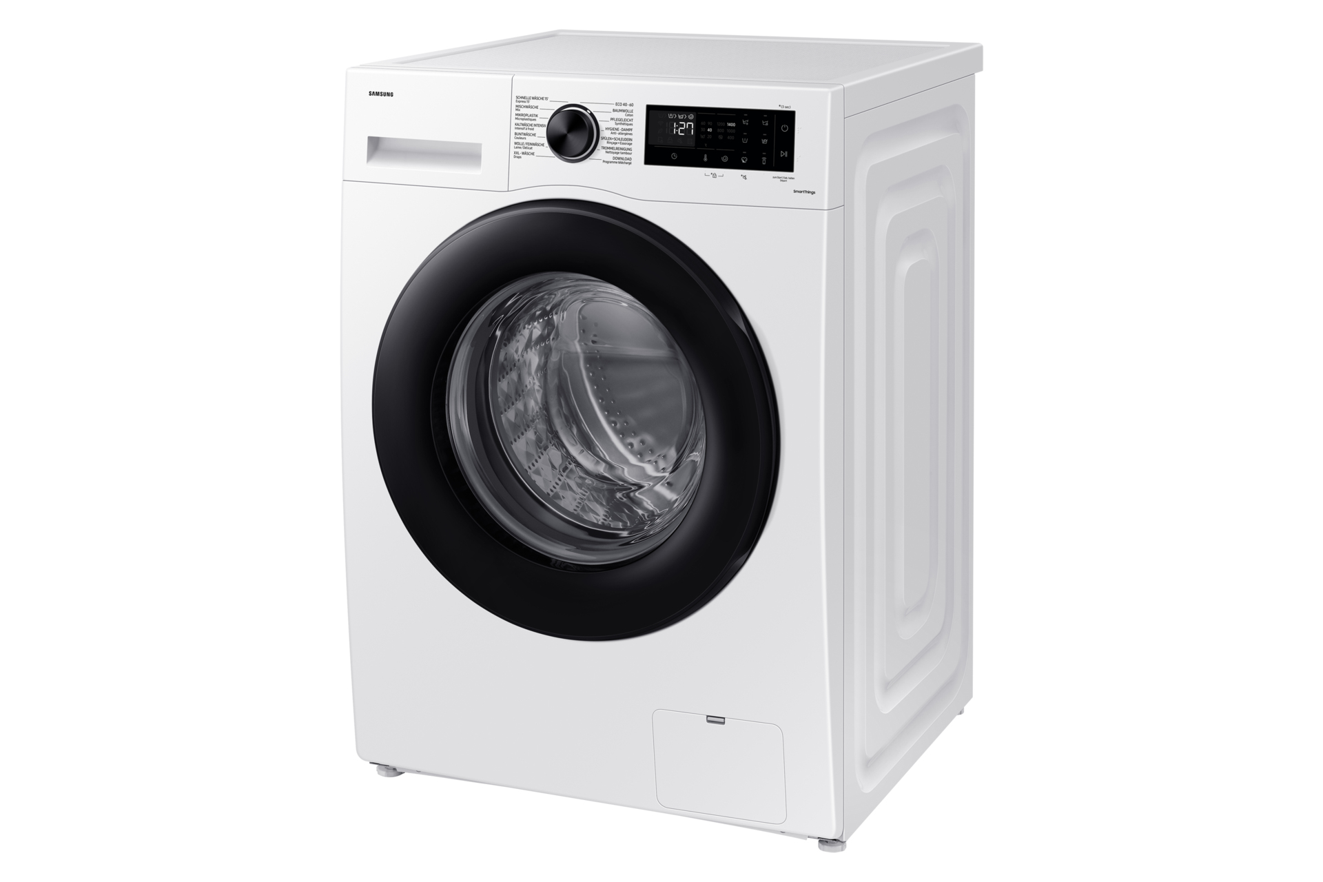 Un lave-linge Samsung blanc avec une porte noire et un panneau de commande visibles.