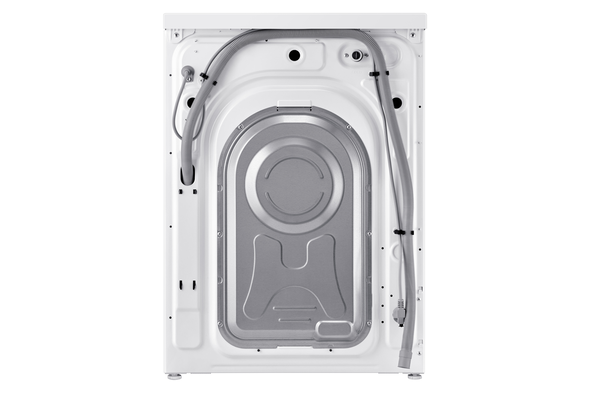 Vue arrière d'une machine à laver blanche avec tuyaux et composants.