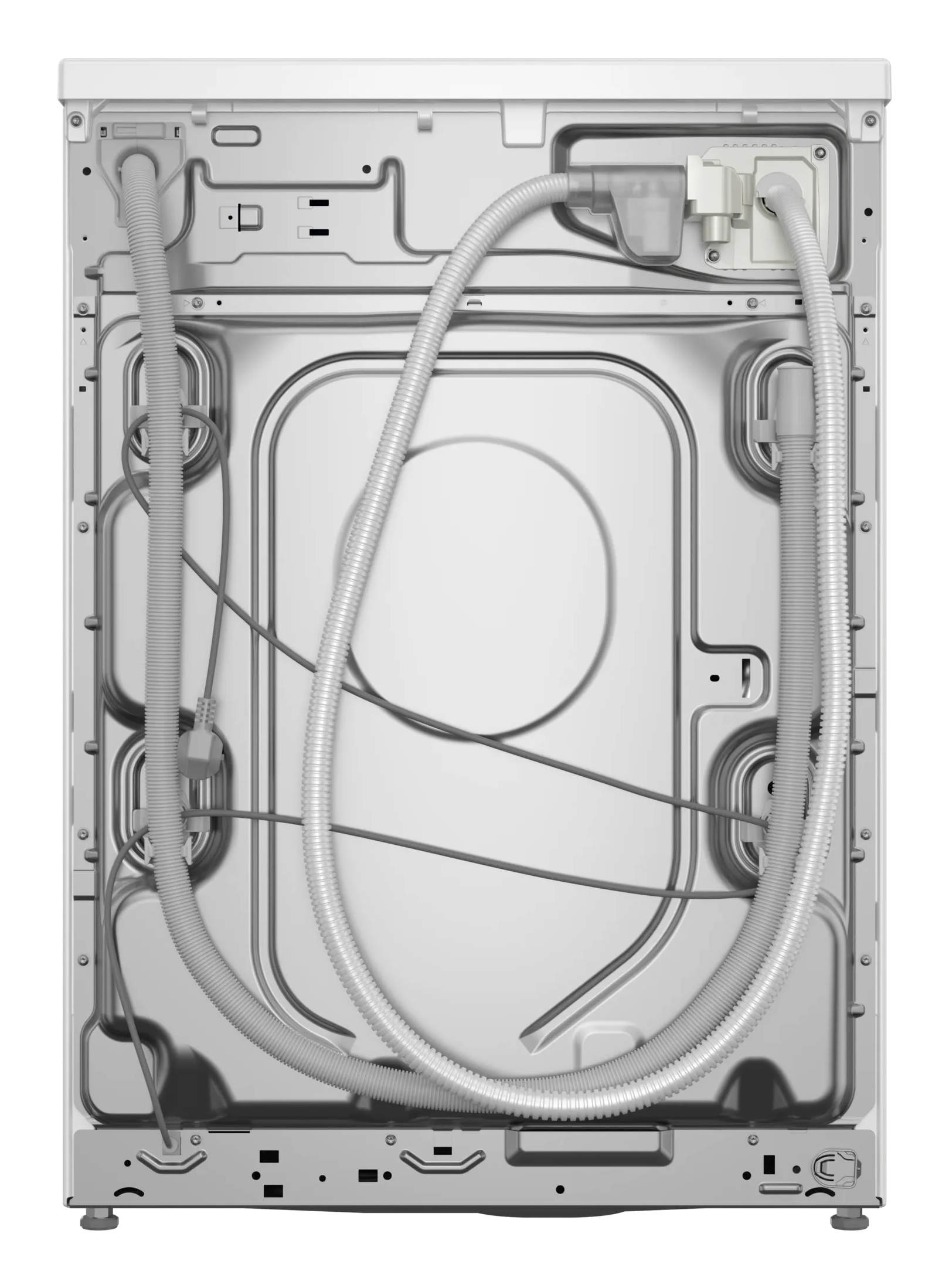Widok z tyłu białej pralki z widocznymi wężami i komponentami. Na białym tle.