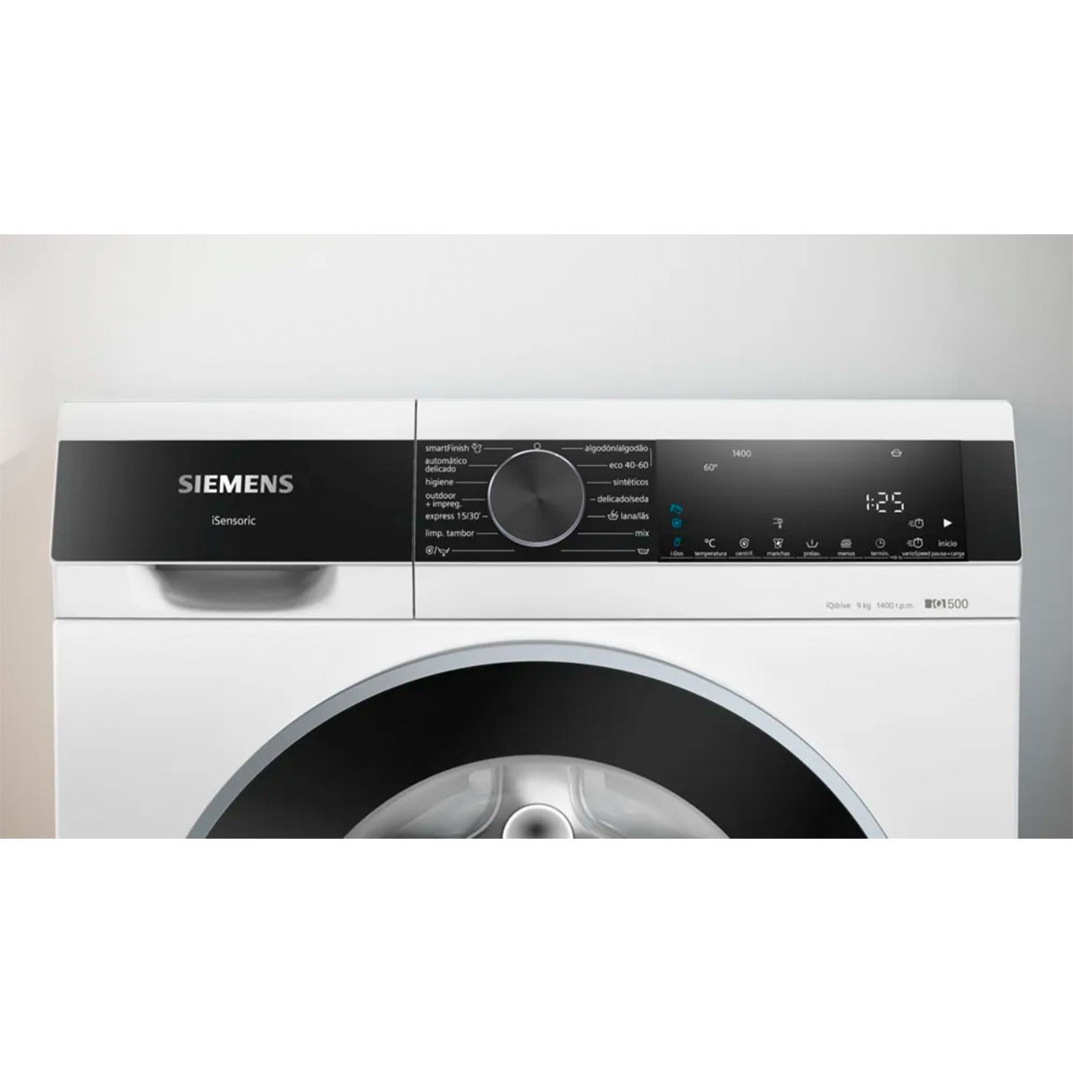 Das Bedienfeld einer weißen Siemens-Waschmaschine mit digitaler Anzeige und verschiedenen Einstellungen wird gezeigt.