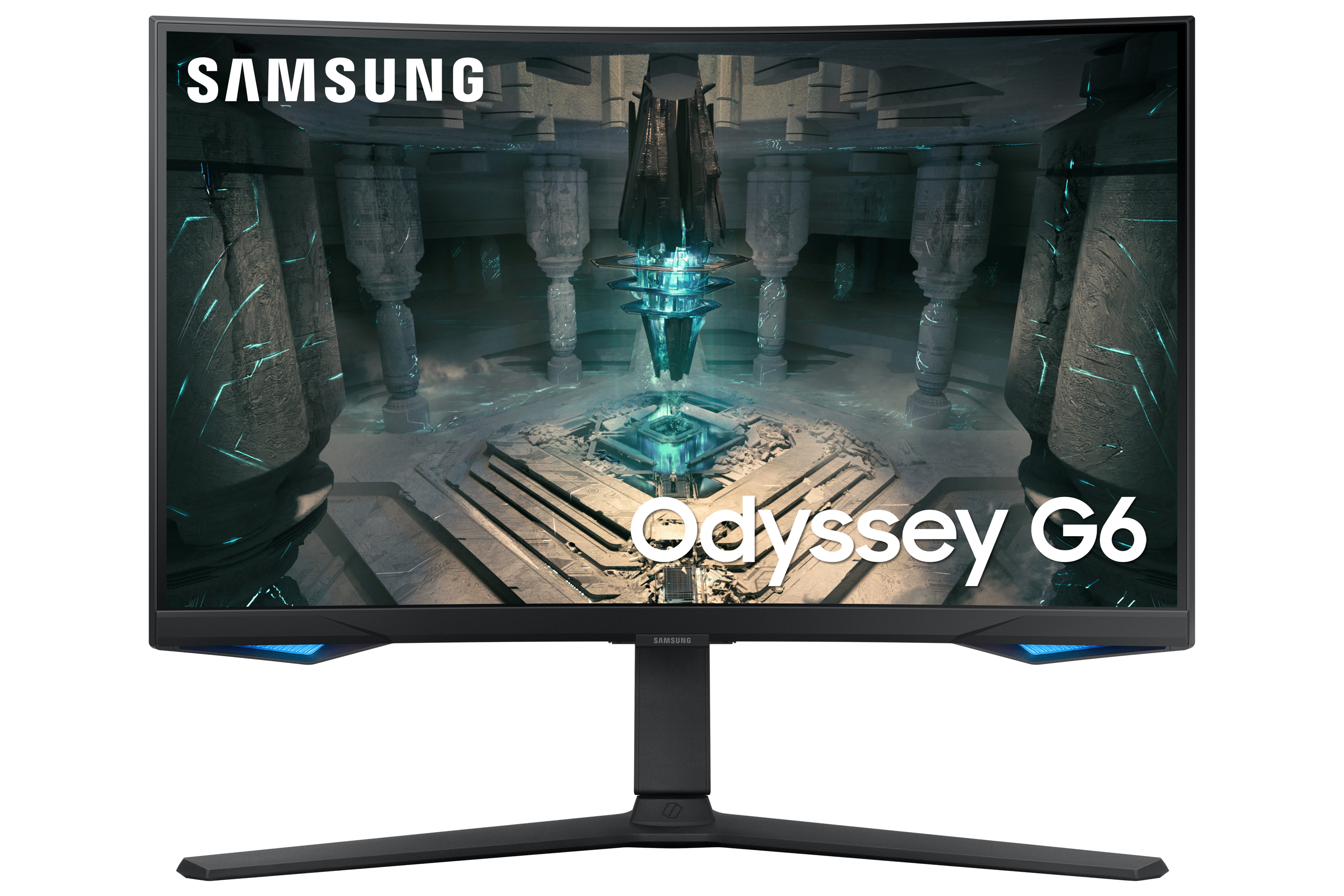 Kavisli ekranlı Samsung Odyssey G6 monitör, siyah stand ve oyun sahnesi.