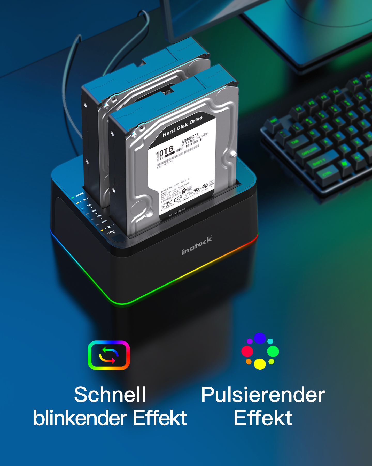 Eine Dockingstation mit zwei Festplatten und farbwechselnden LED-Leuchten.