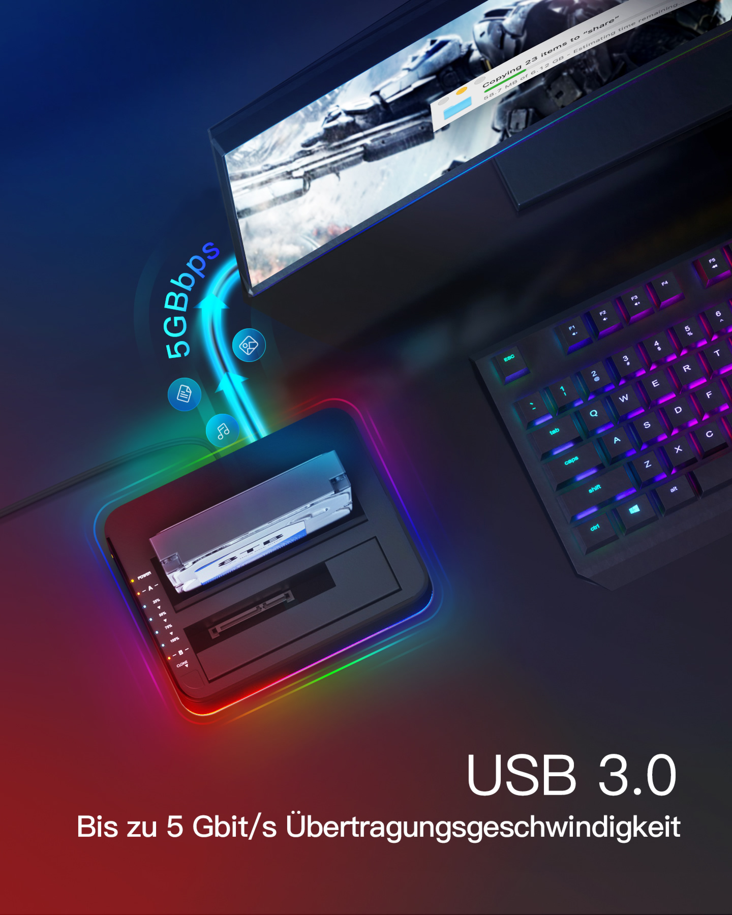 Ein Gerät mit Monitor, Tastatur und externer Festplatte.