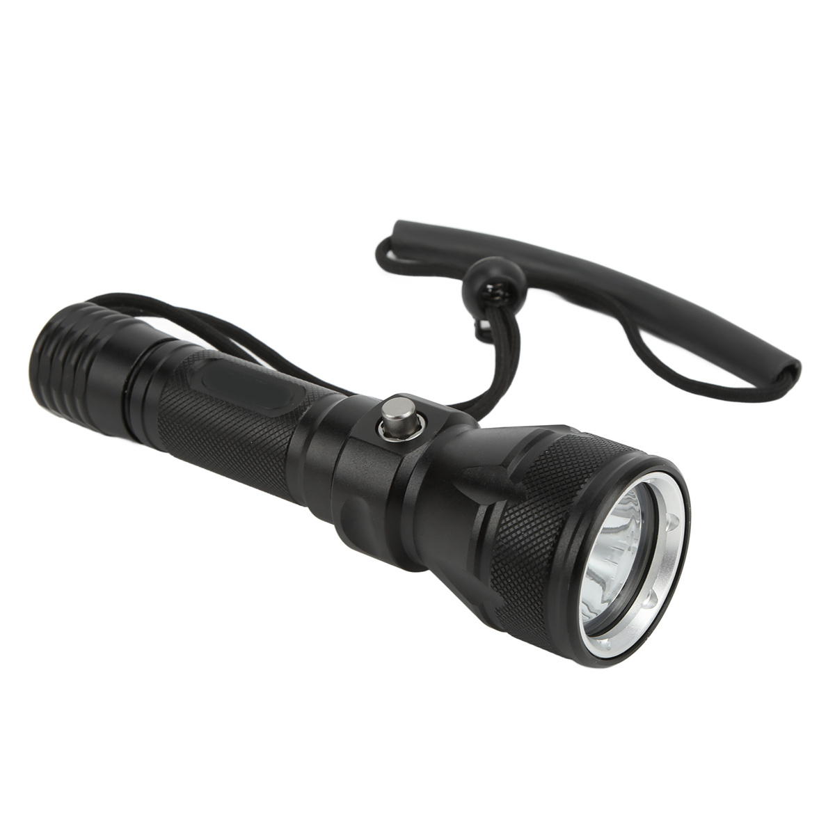 Schwarze Taschenlampe mit Schlaufengriff. Sie ist zylindrisch mit gerilltem Griff und silberner Blende.
