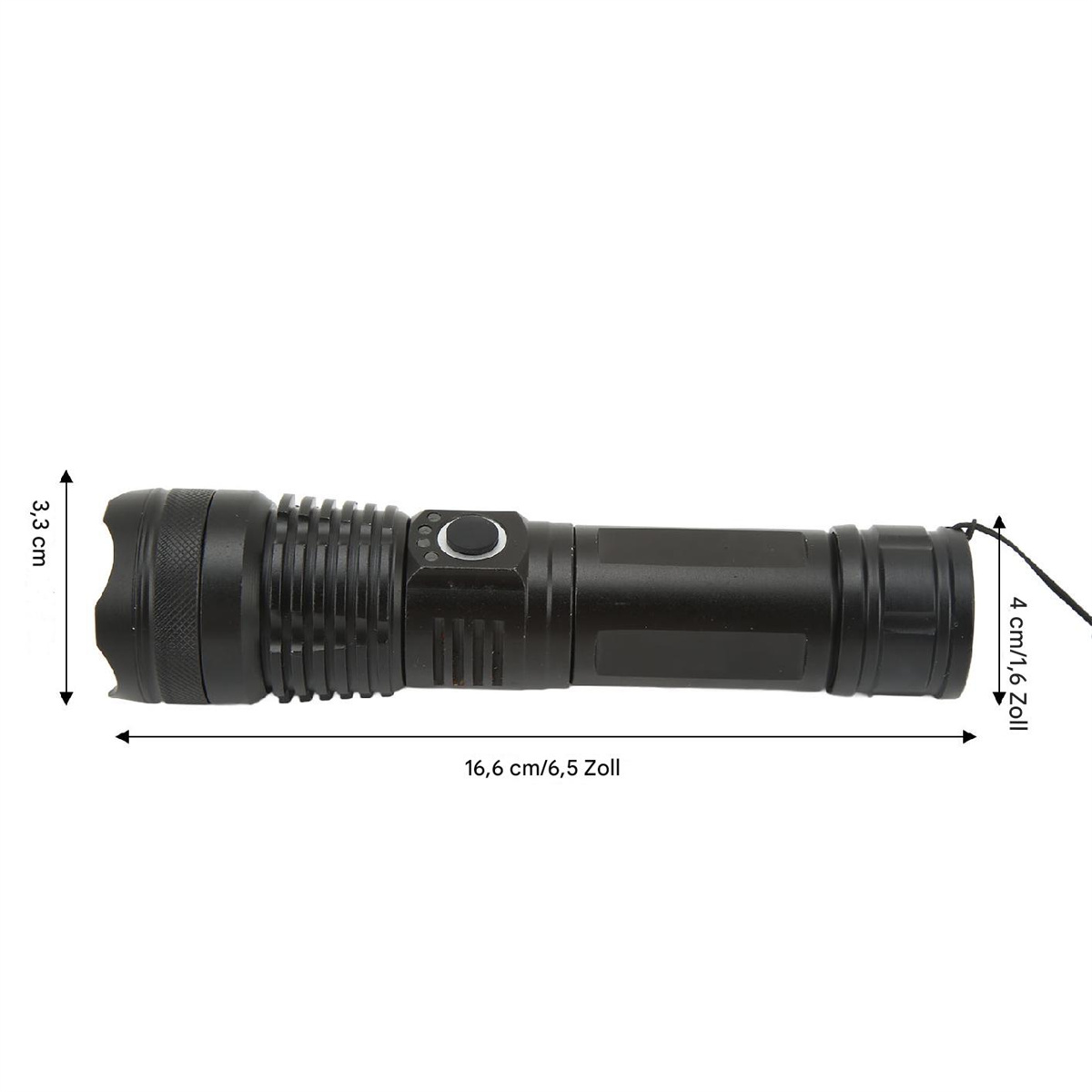 Schwarze Taschenlampe mit Messungen. Sie hat einen Knopf und einen Riemen. Weißer Hintergrund.
