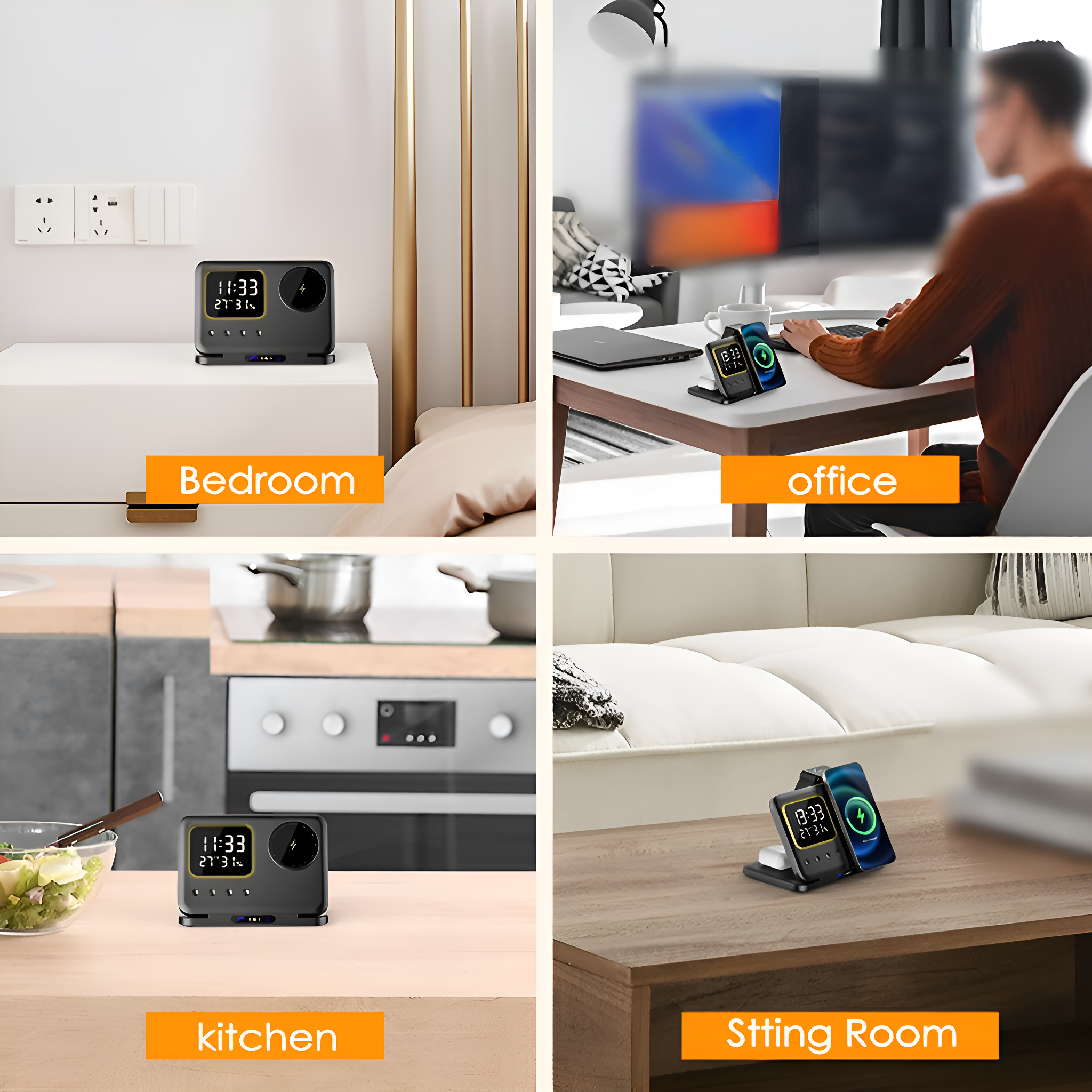 Ein Gerät auf Tischen in verschiedenen Räumen: Schlafzimmer, Büro, Küche und Wohnzimmer.