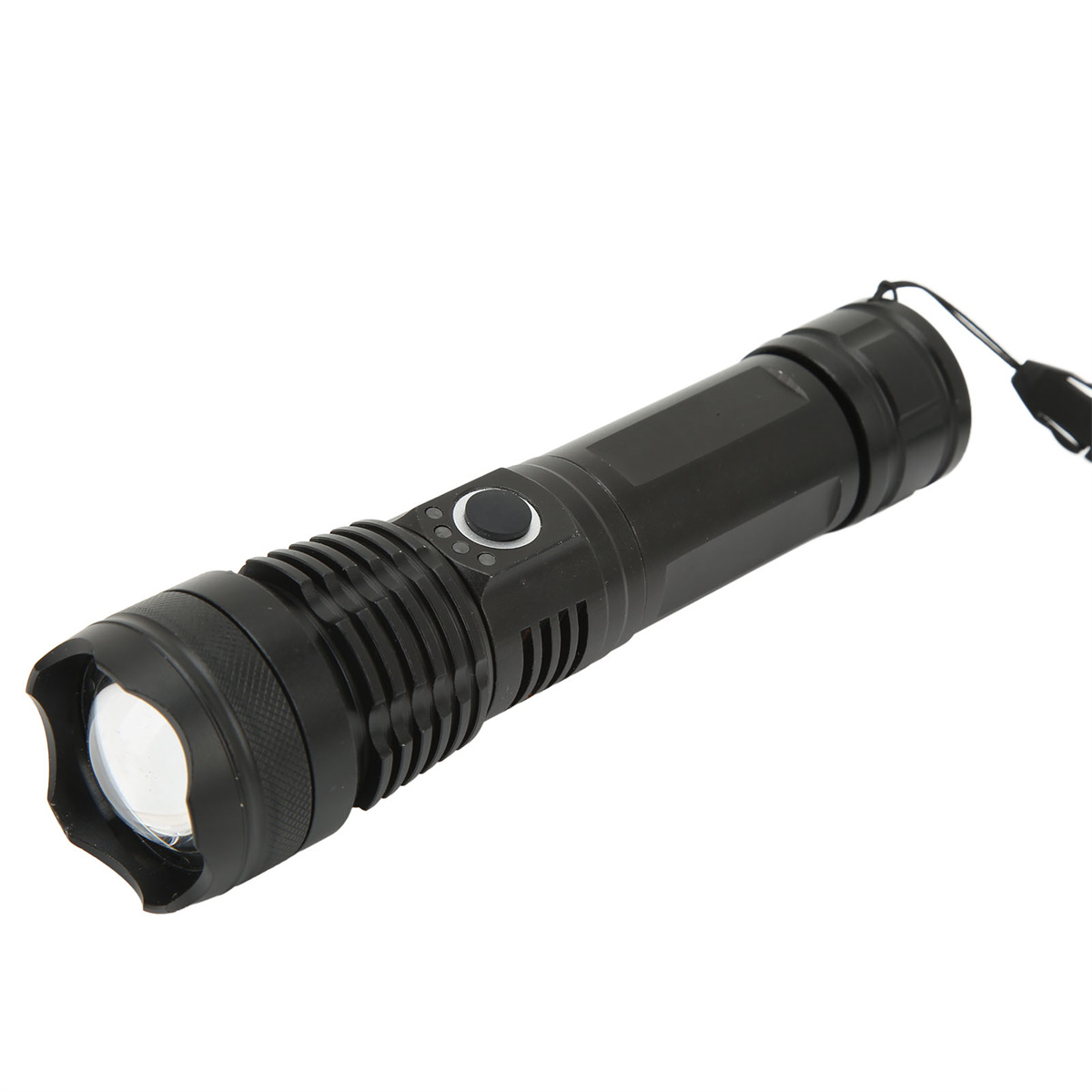 Eine schwarze Taschenlampe auf weißem Hintergrund.