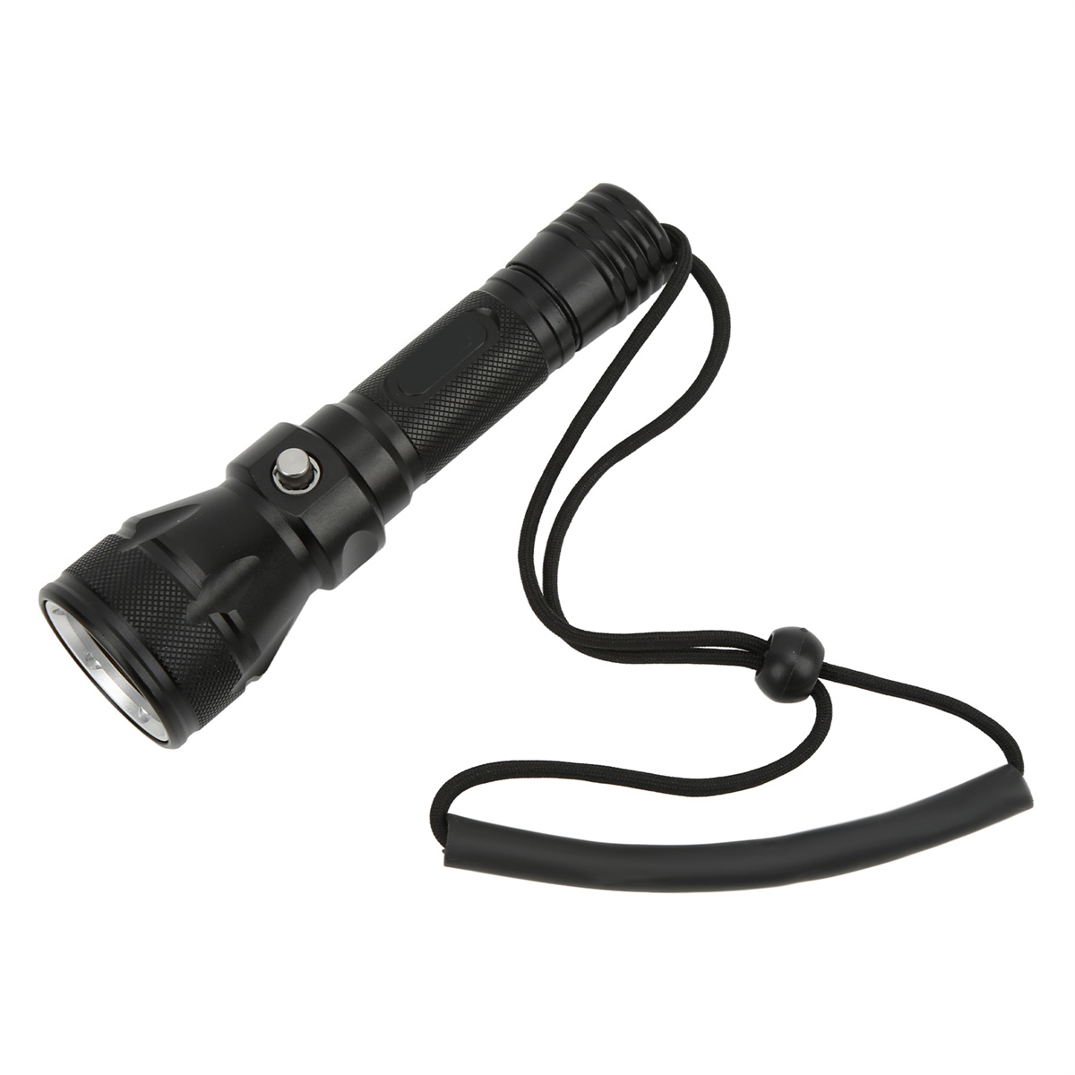Schwarze Taschenlampe mit einem Schlüsselband. Es ist auf weißem Hintergrund.