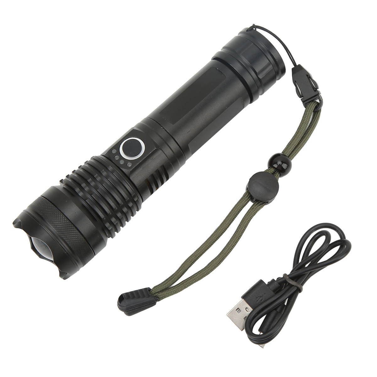 Schwarze Taschenlampe mit Riemen und Ladekabel. Sie hat einen Knopf und einen strukturierten Griff.
