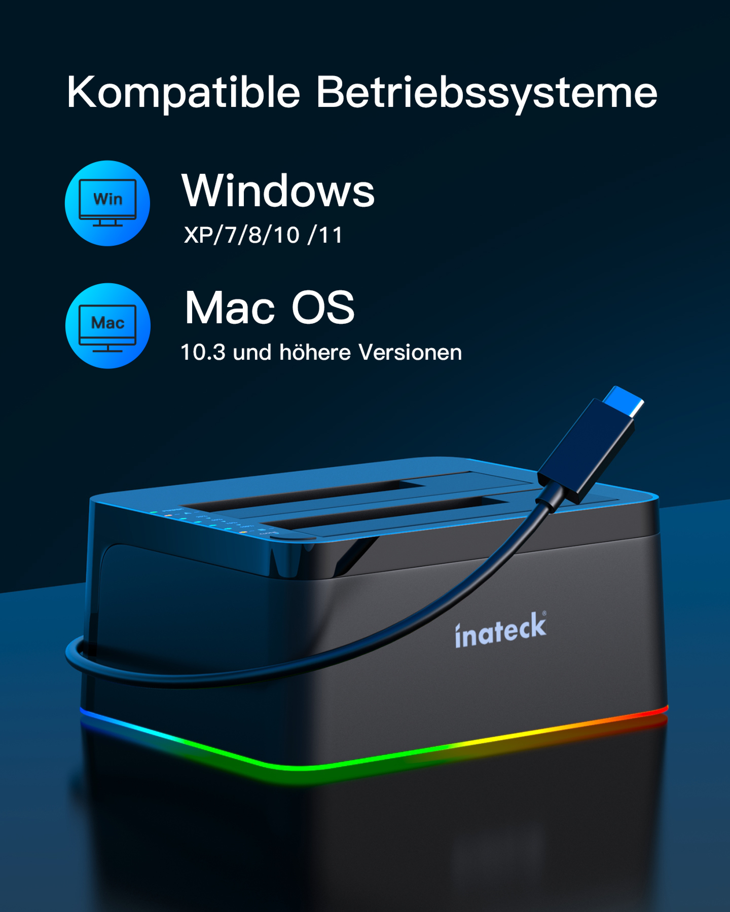 Eine schwarze Dockingstation mit blauem Licht mit Kabel und dem Namen 'inateck'.