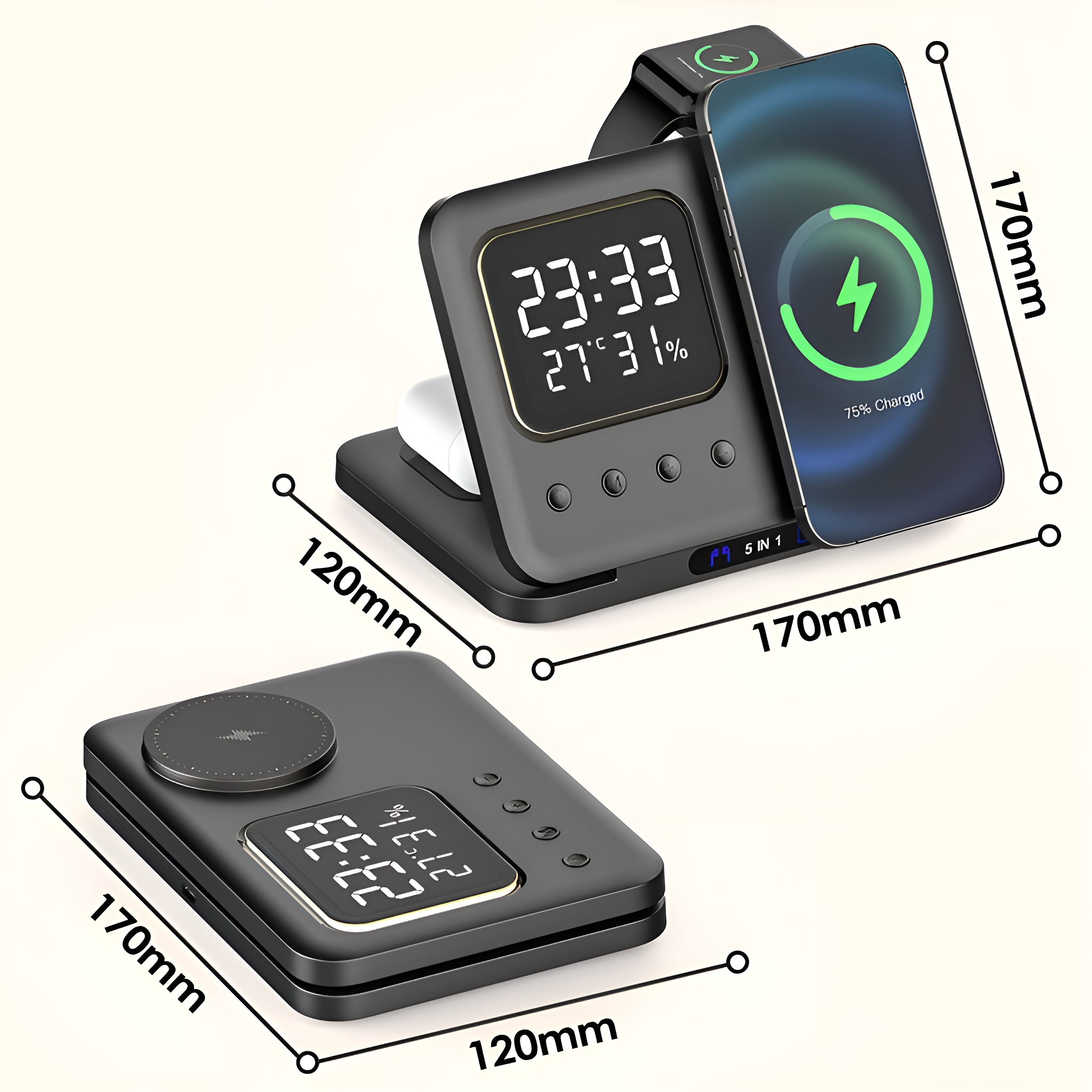 Schwarzes 5-in-1-Wireless-Ladegerät mit Telefon, Uhr und Digitaluhr.