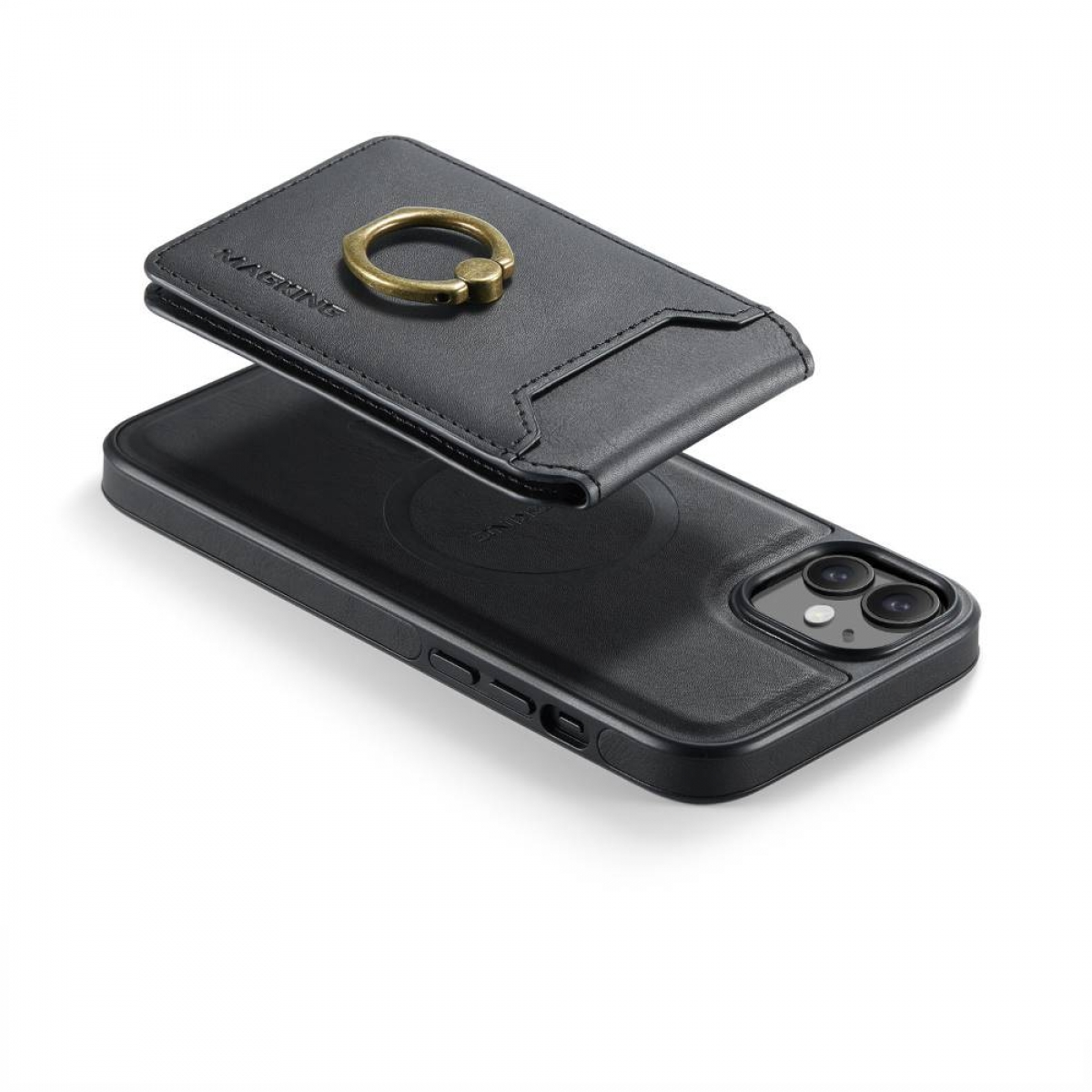 Eine Hand hält ein Telefon mit Wallet-Ring-Aufsatz; die Handyhülle ist schwarz.