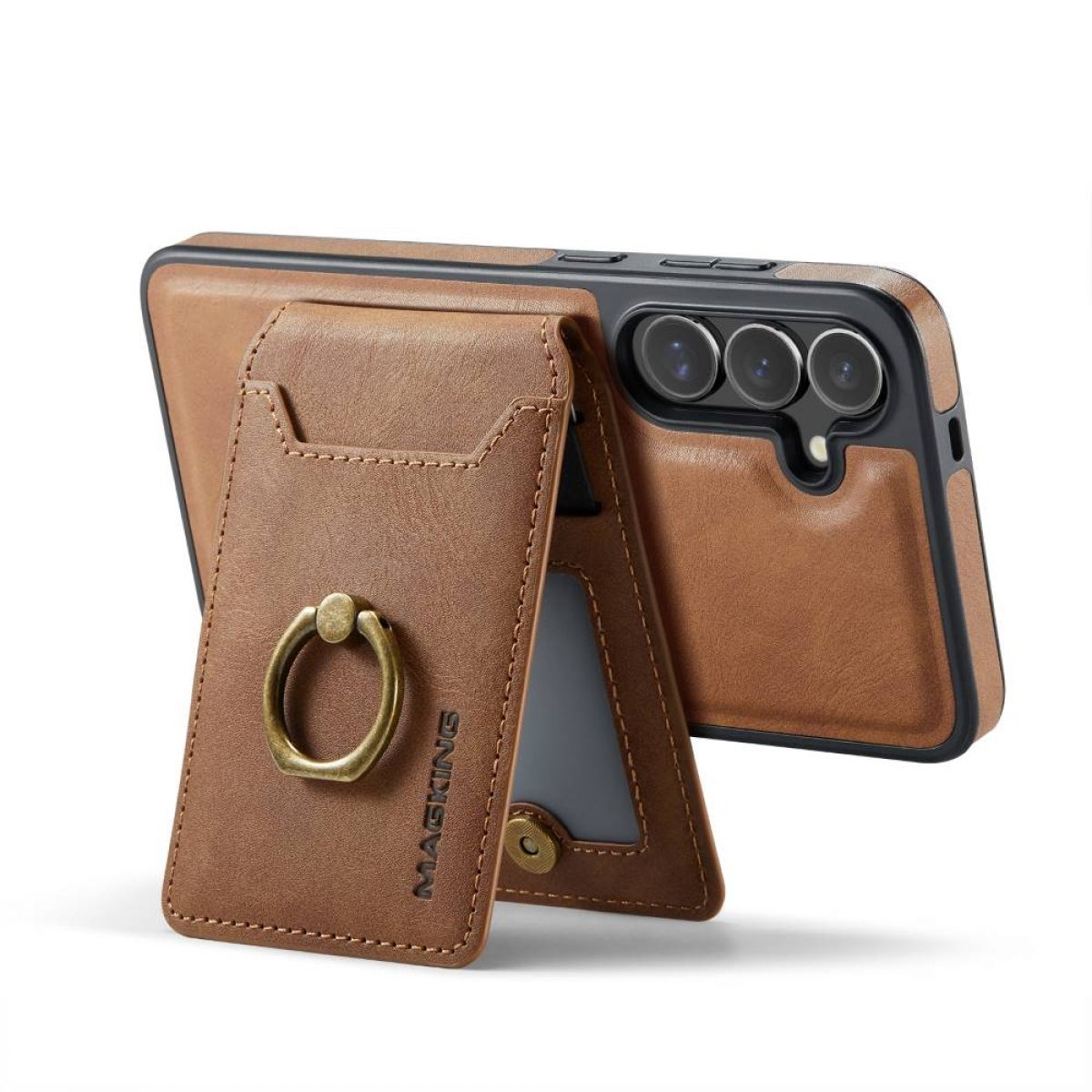 Braune Handyhülle mit Kartenhalter und Ringhalter. Das Telefon ist braun mit schwarzer Kamera.