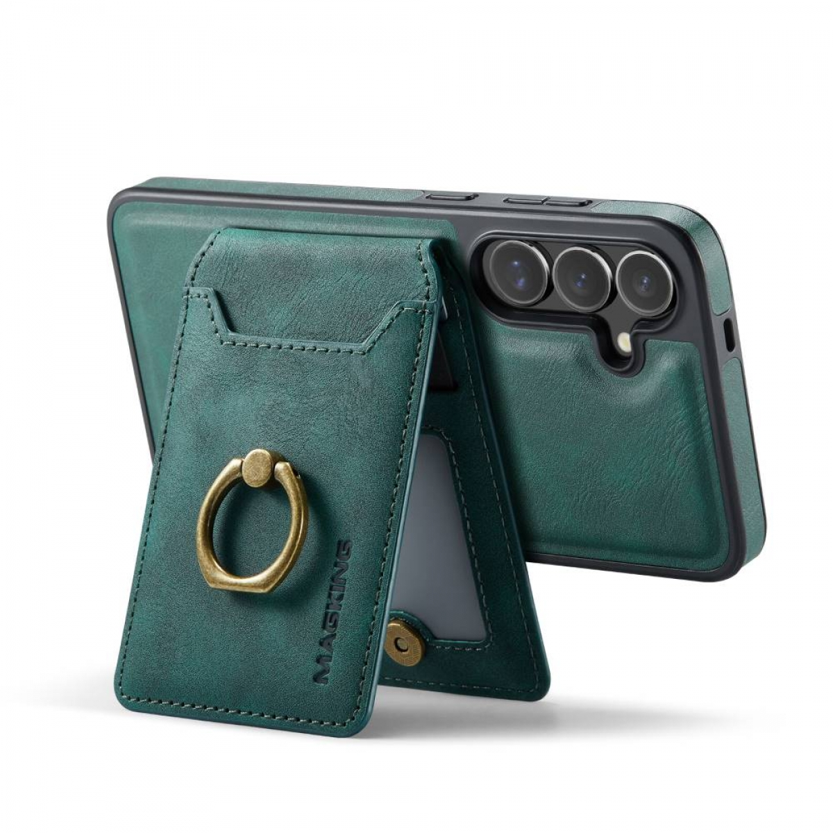Grüne Handyhülle mit Kartenhalter und goldenem Ring auf weißem Hintergrund.